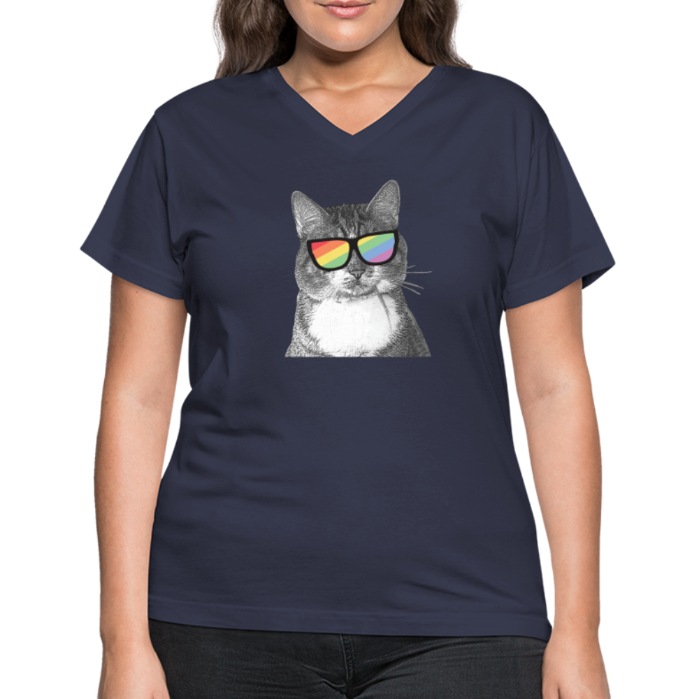 Pride Cat Contoured V-Neck T-Shirt for Women - LGBTQ+ Support Graphic Tee for Casual Wear & Pride Events
