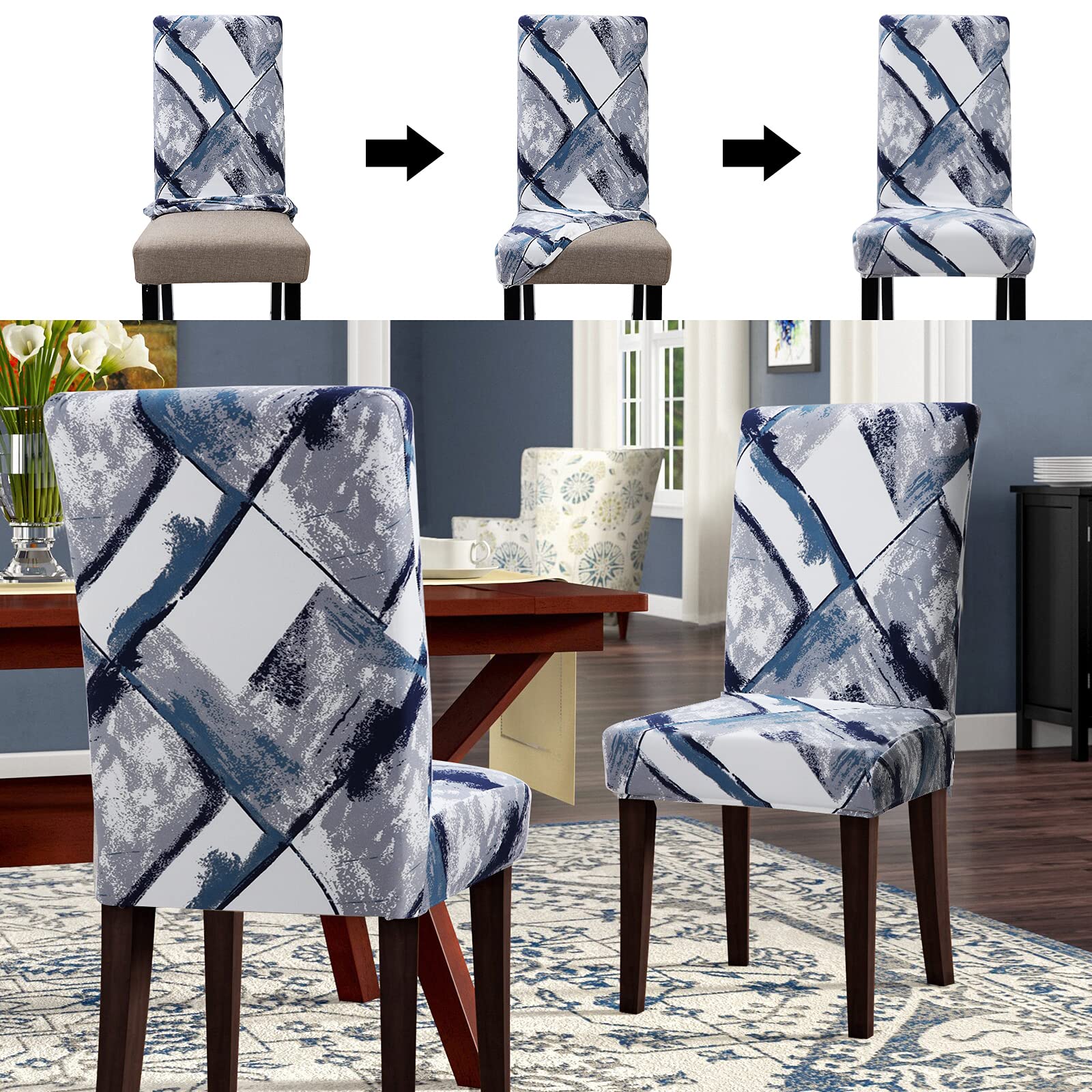Stretch Spandex Dining Chair Covers - Washable & Removable Parson Chair Slipcovers for Kitchen, Dining Room & Office - Set of 4 (White/Gray) - Protects Chairs from Spills, Stains & Wear