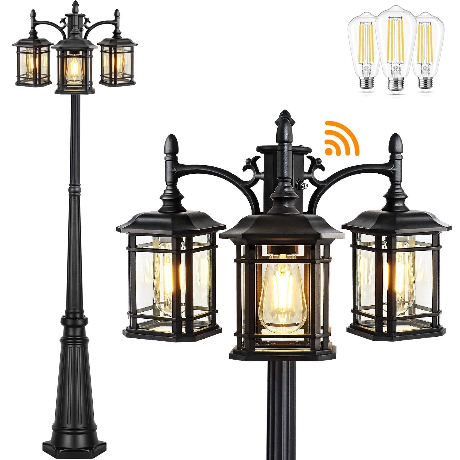 Dusk to Dawn Outdoor Lamp Post Lights - Black Light Pole with Clear Glass Panels (3 LED Bulbs Included) | 3-Head Hardwired Waterproof Street Lights for Backyard, Garden, Driveway & Pathway Lighting
