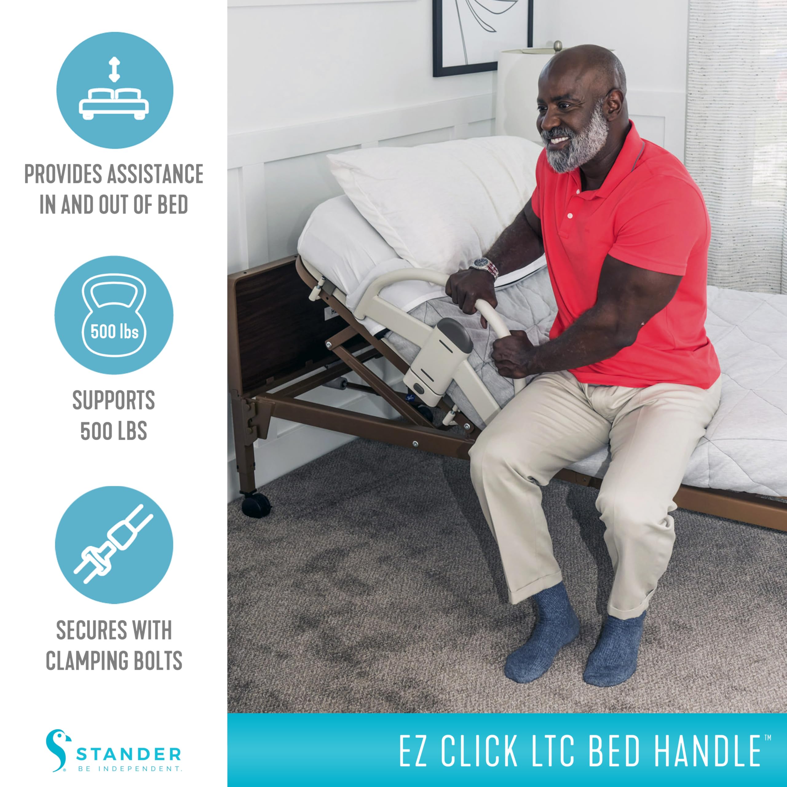Stander EZ Click Bed Handle - Adjustable Hospital Bed Safety Rail for Seniors & Elderly Care - ASTM Approved Assistive Medical Railing (Set of 2) - Perfect for Home Healthcare, Nursing Homes, and Post-Surgery Recovery