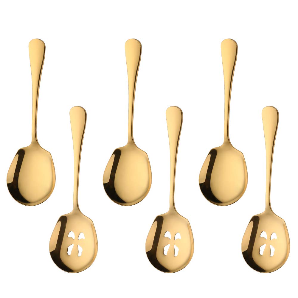 Meisha 6-Piece Stainless Steel Serving Spoon Set - 3 Solid & 3 Slotted Spoons, Matte Gold Mirror Finish - Perfect for Buffets, Banquets, Cooking & Kitchen Serving