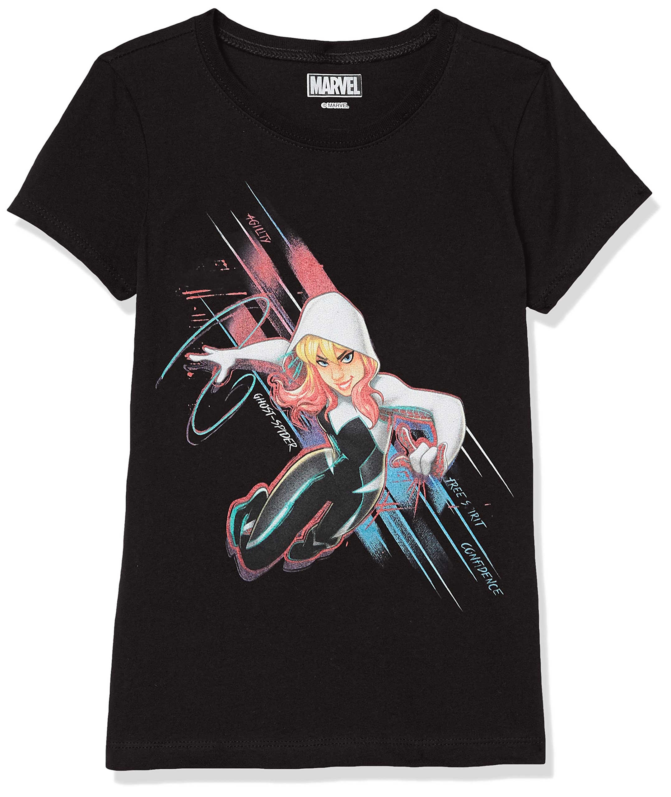 Marvel Little Big Classic Ghost Spider Action Pose Girls Short Sleeve T-Shirt - Cool Superhero Costume for Kids, Cosplay & Everyday Wear