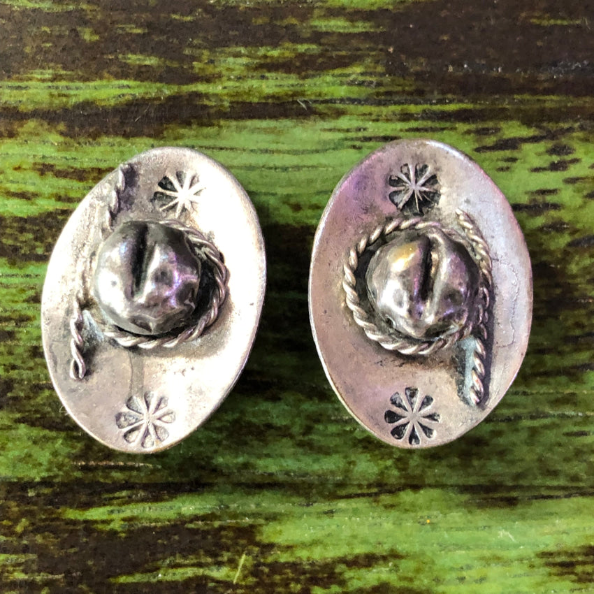 Vintage Mexican Sterling Silver Western Hat Clip-On Earrings for Women – Handmade Boho Cowgirl Jewelry – Perfect for Rodeo, Country Music Festivals & Western Fashion