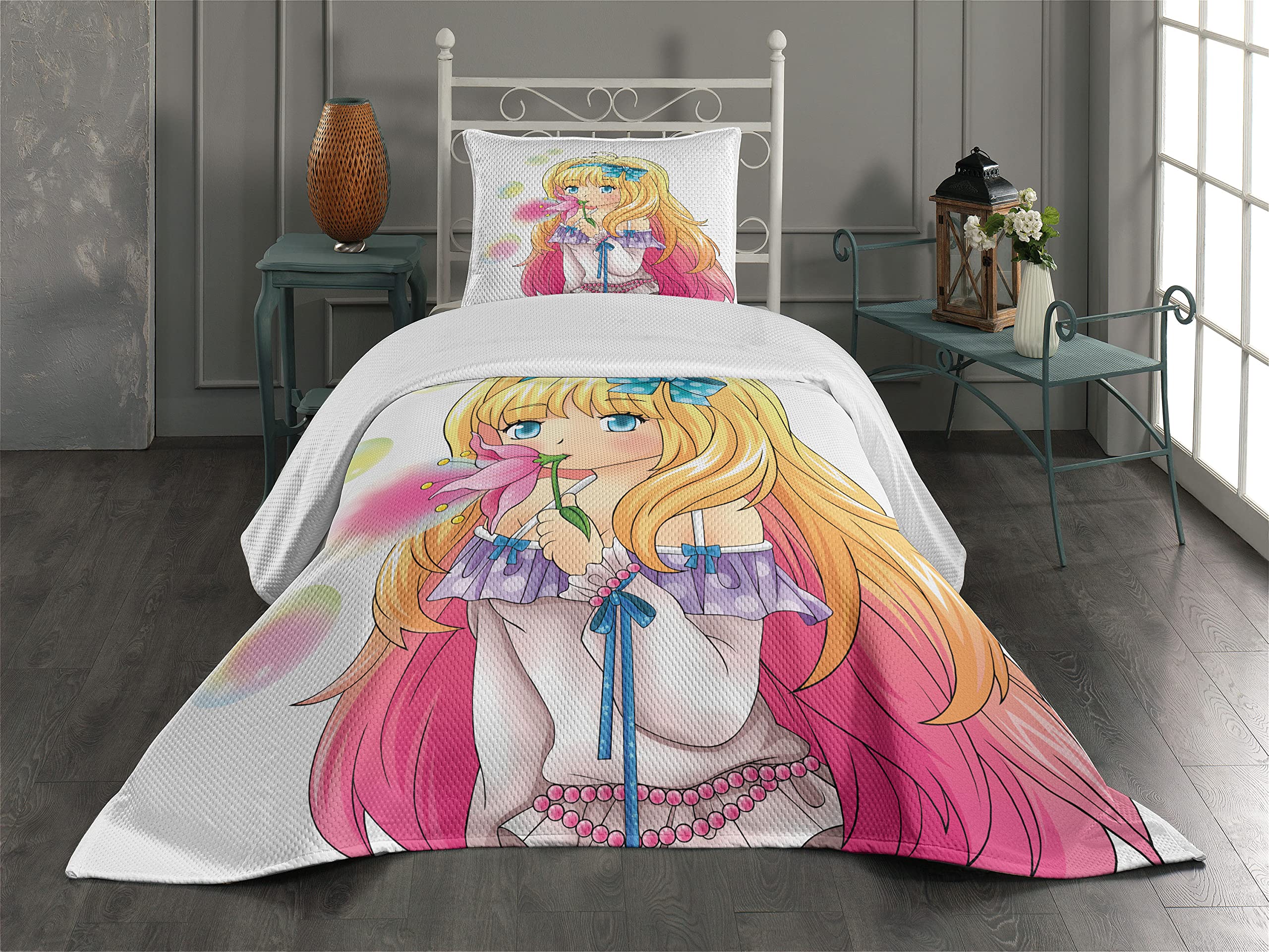 Ambesonne Anime Bedspread Set - Manga Girl Blowing Bubbles Japanese Cartoon Print, 2-Piece Quilted Coverlet with Pillow Sham, Twin Size in Pink & Yellow | Perfect for Teen Bedrooms, Anime Themed Decor & Gift for Manga Lovers