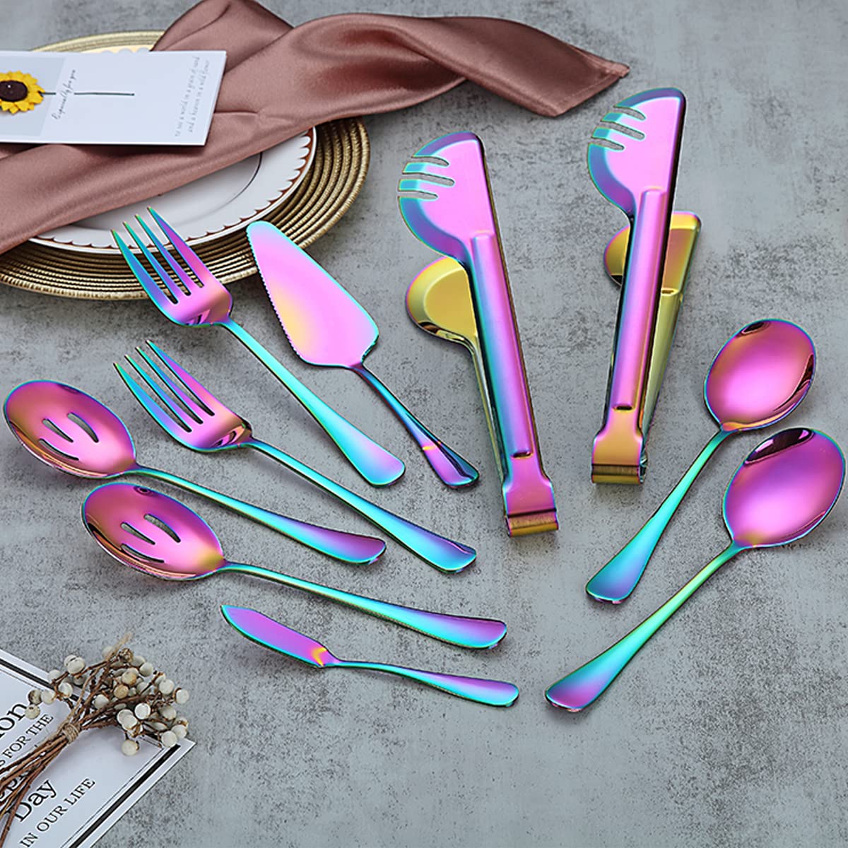 Rainbow Stainless Steel Serving Utensil Set - 12 Piece Kitchen Tools Including Serving Spoons, Slotted Spoons, Forks, Cake Server, Butter Knife & Tongs - Dishwasher Safe for Parties, BBQs & Family Dinners