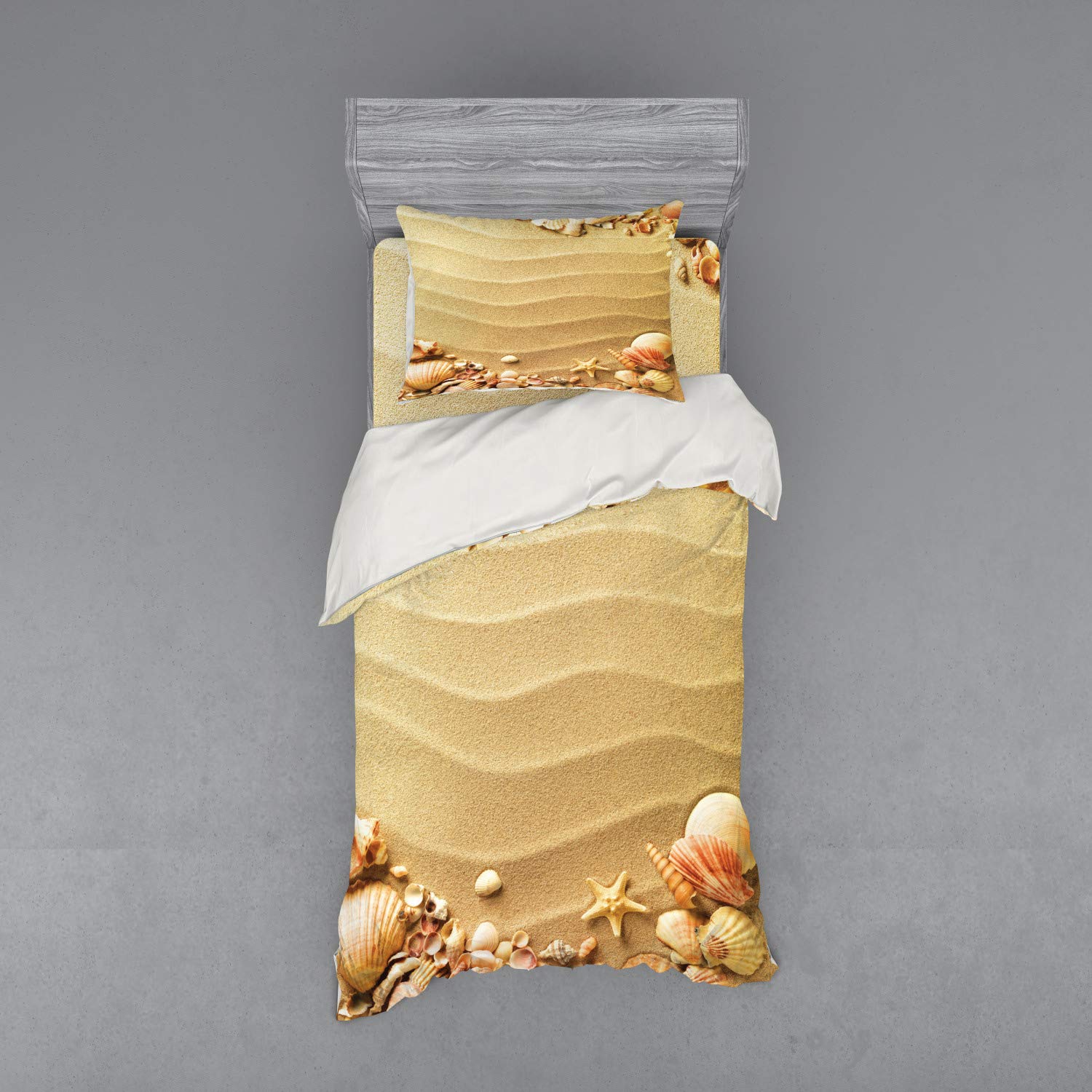 Ambesonne Nautical Beach Duvet Cover Set - 3 Piece Twin Size Bedding with Sham & Fitted Sheet, Sandy Shore & Seashell Design in Sand Brown Coral | Perfect for Coastal Themed Bedrooms, Beach House Decor & Summer Home Styling