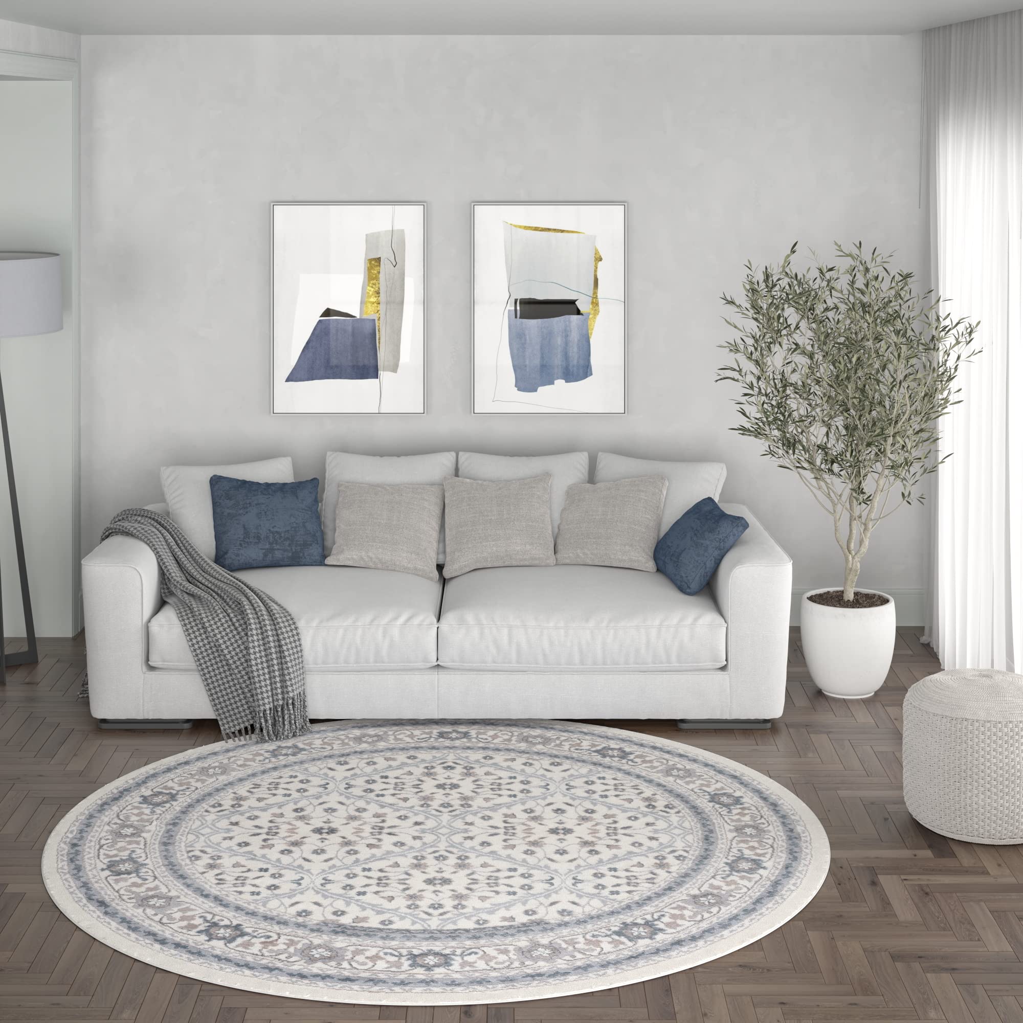 Tayse Cream Modern Large 8ft Round Rug - Soft Contemporary Area Carpet for Living Room, Bedroom, Dining Room & Entryway - Non-Slip Kitchen Floor Mat - Perfect for Home Decor, Apartment & Office Spaces
