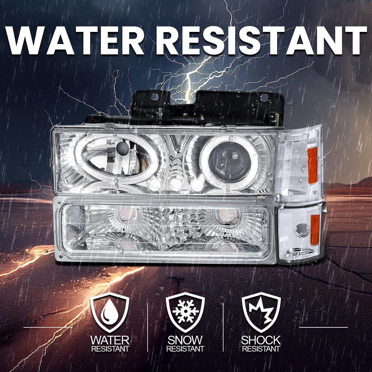 Spec-D Tuning LED Halo Projector Headlights with Bumper & Corner Lights - Compatible with 1994-1998 GMC C/K C10, Sierra, Yukon, Suburban - Left & Right Pair Headlamp Assembly - Upgrade for Night Driving & Off-Road Adventures
