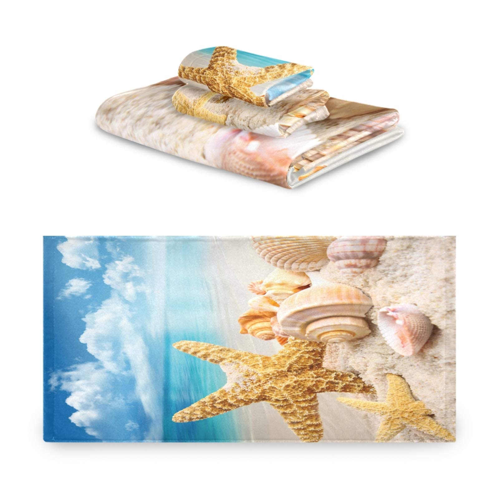 ALAZA 3-Piece Bath Towel Set - Soft Starfish & Seashell Beach Design - Includes 1 Bath Towel, 1 Hand Towel, 1 Washcloth - Premium Absorbent & Quick-Dry for Home, Kitchen, Hotel, Gym, Swim & Spa - Perfect for Beach Vacations, Poolside Lounging & Bathroom Decor