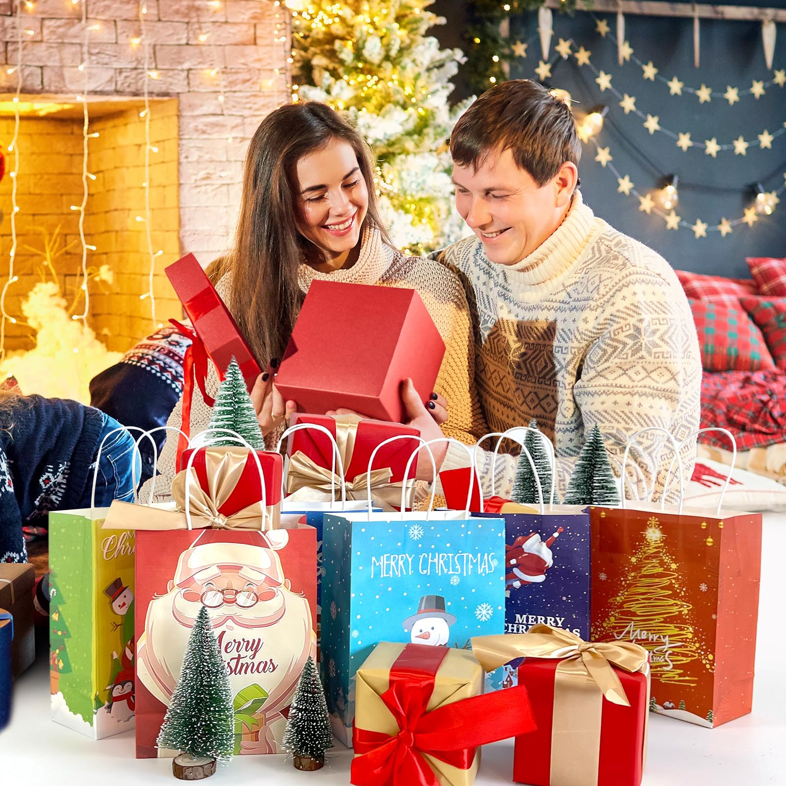 24Pcs Christmas Kraft Gift Bags with Handles - Bulk Holiday Paper Gift Bags for Party Favors, Presents & Gifts - 6 Festive Designs - Perfect for Christmas Parties, Office Exchanges & Holiday Gift Wrapping