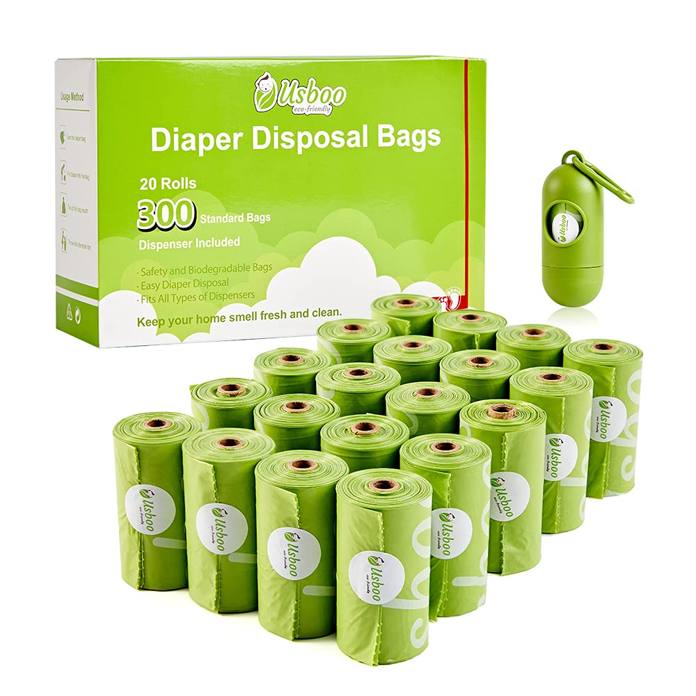 Disposable Diaper Bags for Baby - 20 Refill Rolls (300 Bags) with Dispenser | Unscented Waste Bags for Quick & Convenient Diaper Disposal | Perfect for Travel, Daycare & On-the-Go Parents