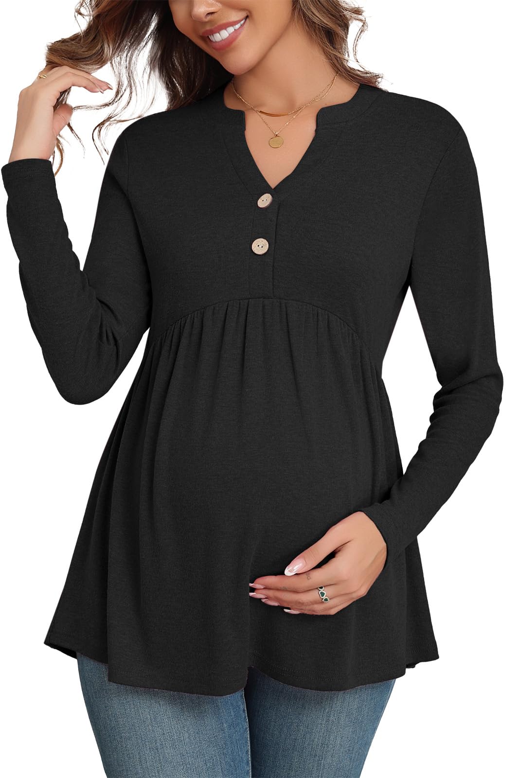Xpenyo Women's Maternity Tops - Long Sleeve Pregnancy Shirts, V-Neck Button Down Tunic Blouse for Fall 2024 - Comfortable Casual & Dressy Maternity Wear for Work, Office & Everyday Outfits