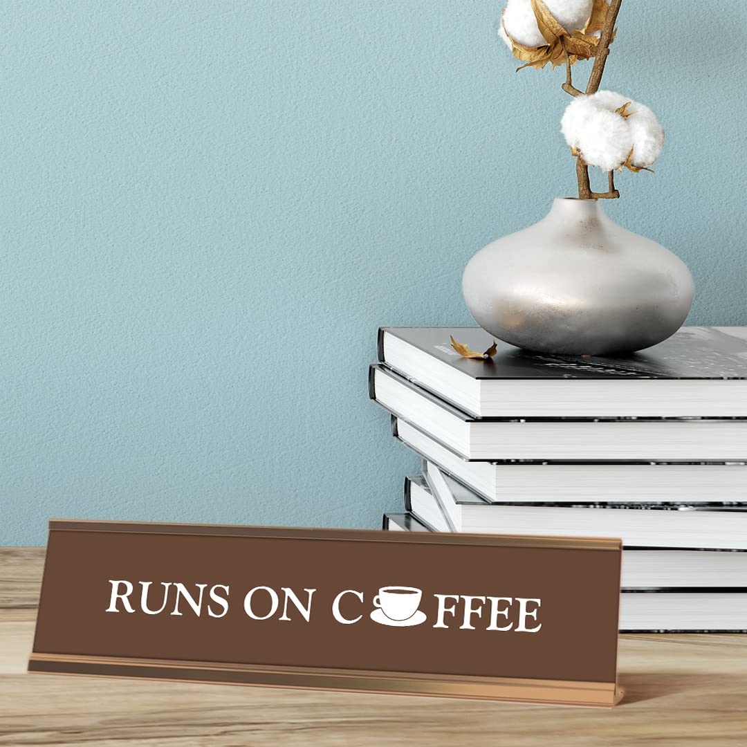 Funny Coffee Lover Desk Sign - Brown & Gold Frame (2 x 8 Inches) - Perfect Office Decor for Coffee Enthusiasts & Baristas