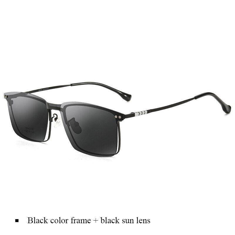 Bclear Men's Full Rim Square Alloy Frame Eyeglasses with Clip-On Polarized Sunglasses ZT94016 - Stylish Prescription Glasses & UV Protection for Driving, Outdoor Activities