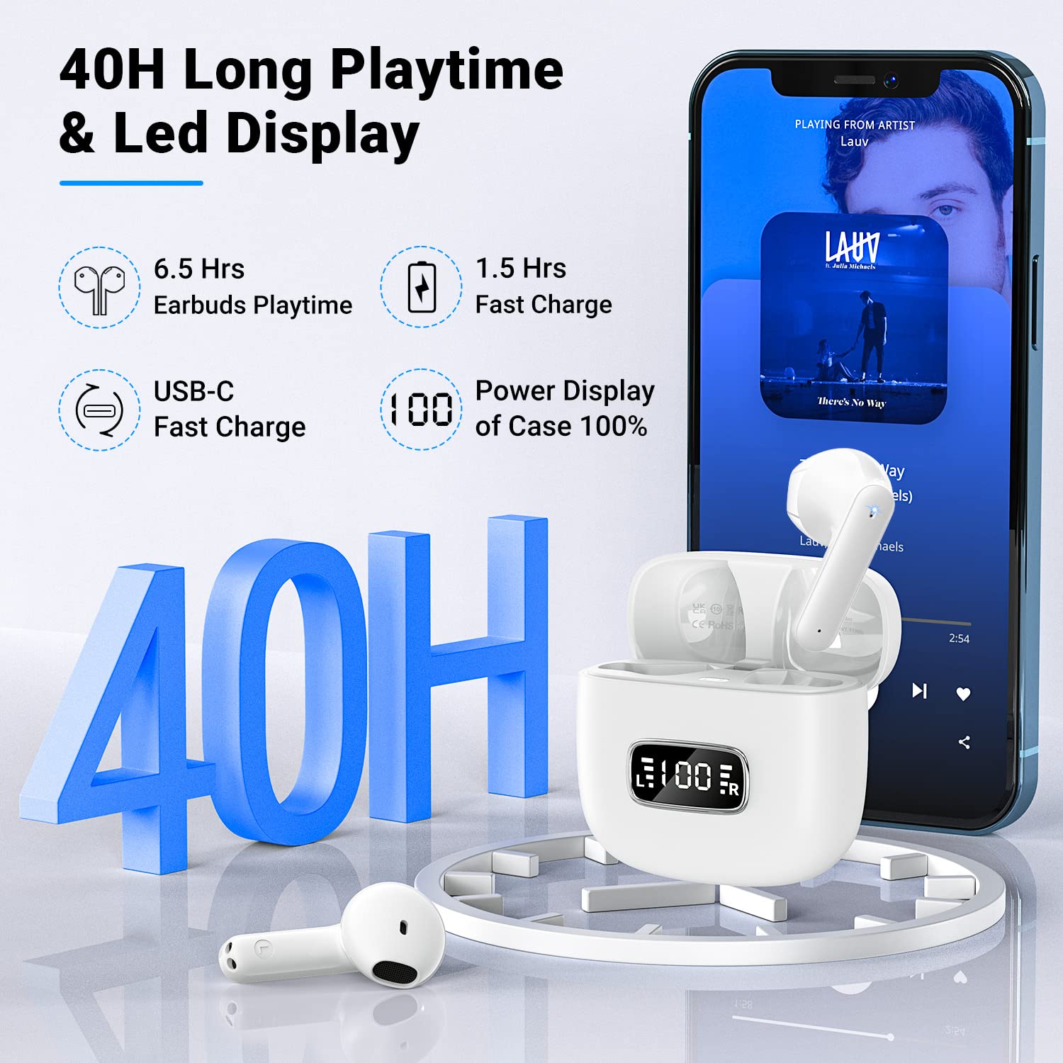 Wireless Earbuds Bluetooth 5.3 with Noise Cancelling - 40H Playtime, IP7 Waterproof for Sports & Travel