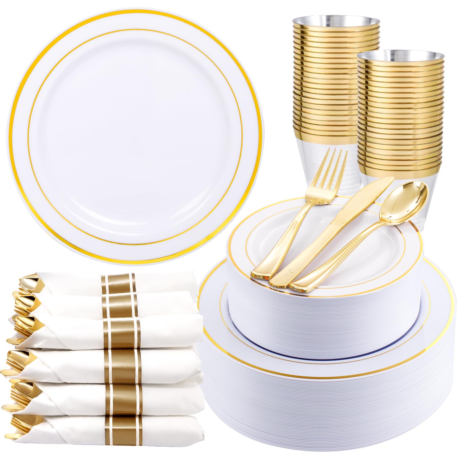 350-Piece Gold Dinnerware Set for 50 Guests - Elegant Disposable Gold Plastic Plates & Cutlery Includes 50 Dinner Plates, 50 Dessert Plates, 50 Pre-Rolled Napkins with Gold Silverware - Perfect for Weddings, Parties, Banquets & Special Events