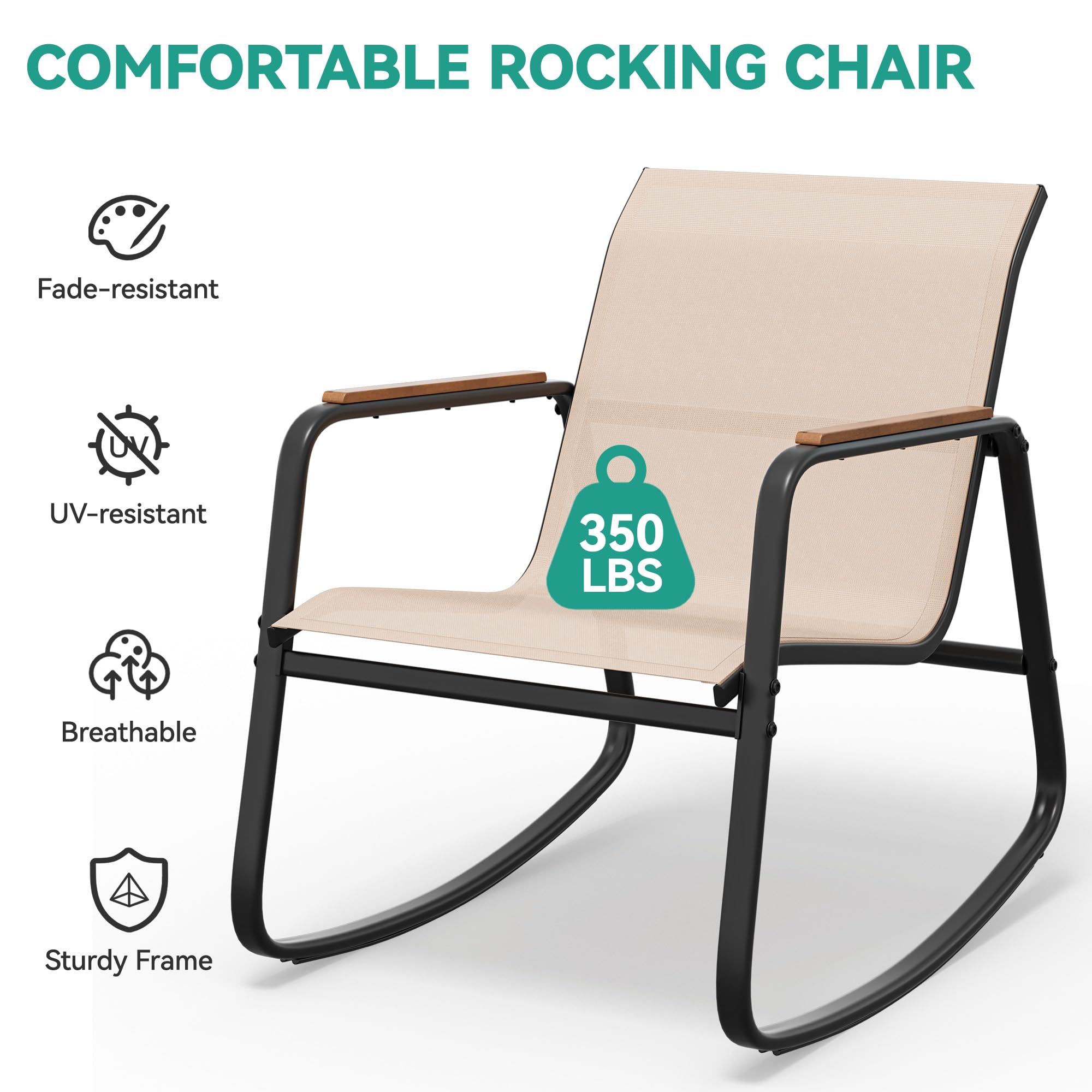 YITAHOME 3-Piece Outdoor Rocking Bistro Set with Wooden Armrests & Glass Table - Patio Furniture for Garden, Balcony, Poolside & Porch - Beige Rattan Chairs for Relaxing & Entertaining