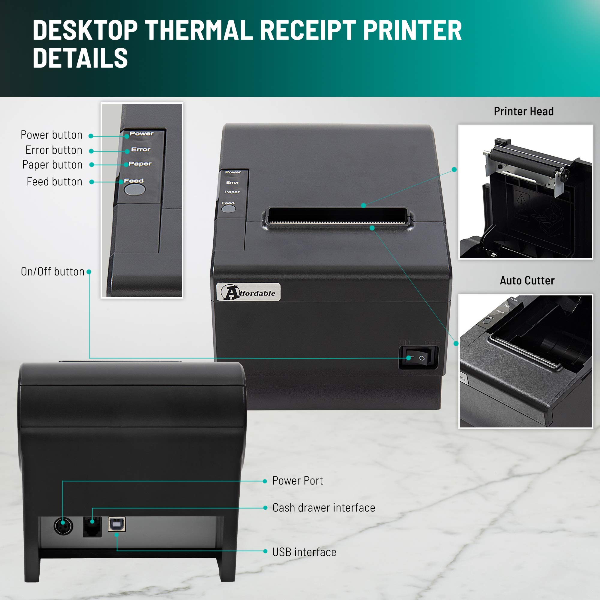 80mm Desktop Thermal Receipt Printer with Auto Cutter - High-Speed 250mm/s Printing - Glossy Black Design - Plug & Play for Retail, Restaurant & POS Systems