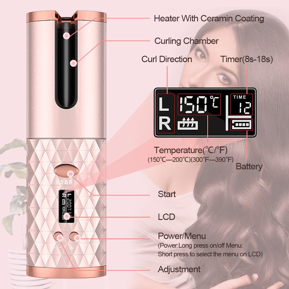 Automatic Curling Iron - Cordless Auto Hair Curler with 6 Temperature Settings & Timers, USB Rechargeable Ceramic Barrel Curling Wand for Fast Heating, Perfect for Travel, Home & Salon Styling (Great for Beach Waves, Party Hairstyles & Everyday Looks)