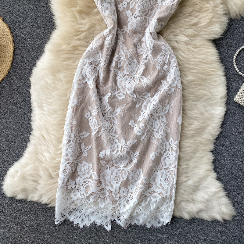Elegant Lace Sheath Midi Dress with Spaghetti Straps - Perfect for Date Night & Evening Parties