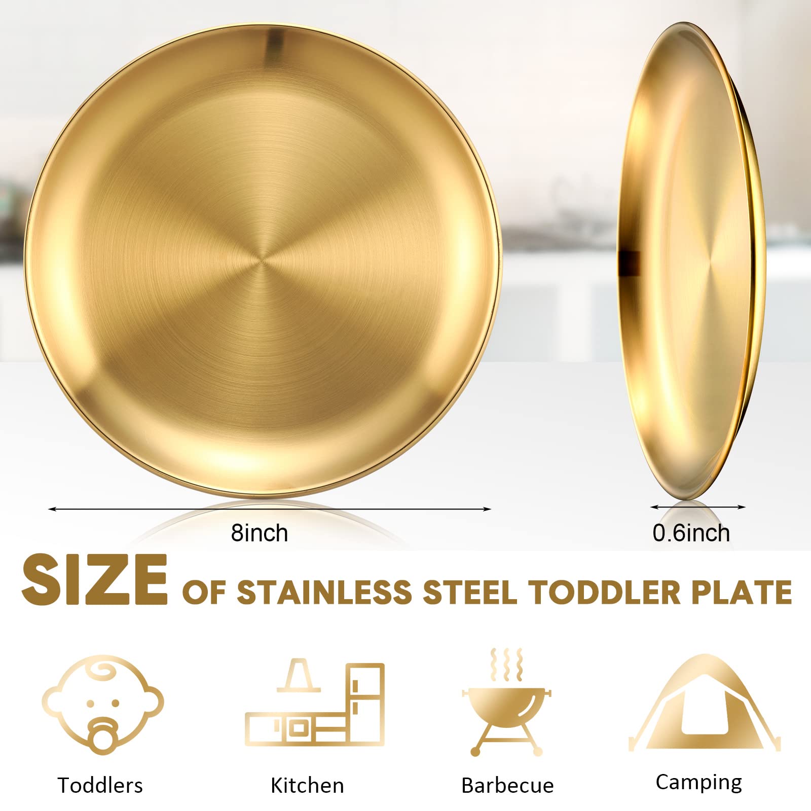 Honeydak 10-Pack 8-Inch 18/8 304 Stainless Steel Plates - Reusable Camping, Picnic & Outdoor Dinnerware - Dishwasher Safe, Double-Layer Design for Serving, Feeding & Desserts (Gold) - Perfect for BBQs, Parties, RV Trips & Camping Meals