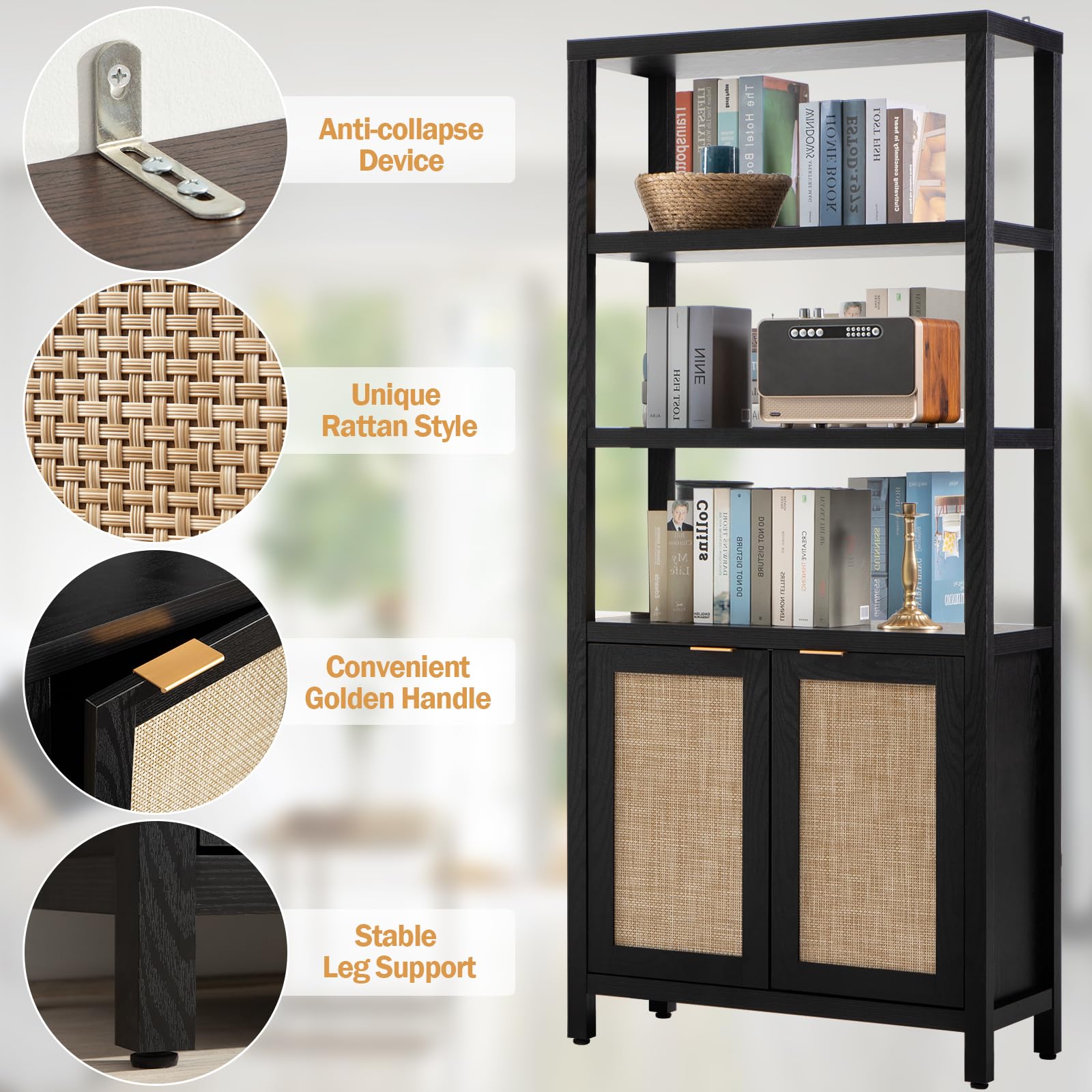 5-Tier Rattan Boho Bookshelf with Doors - 71