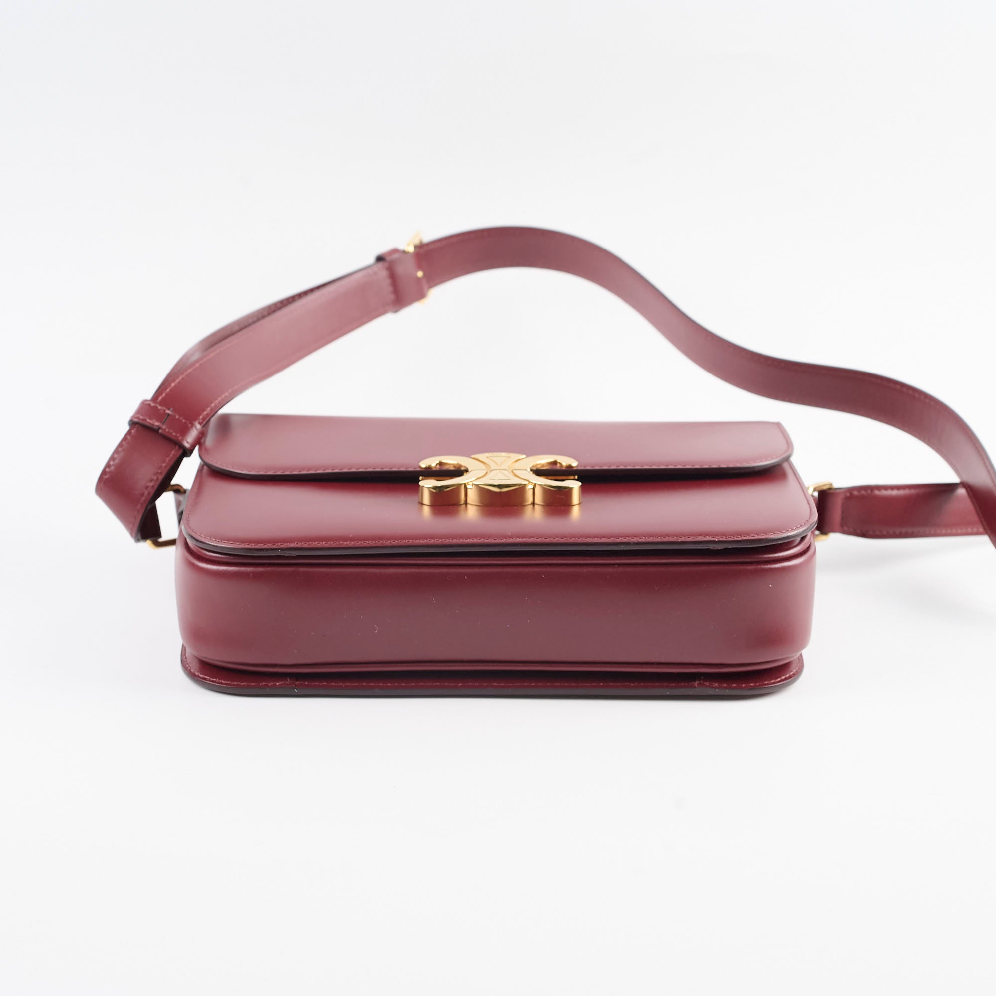 Celine Medium Triomphe Handbag in Shiny Burgundy Calfskin Leather - Perfect for Work, Travel & Evening Events