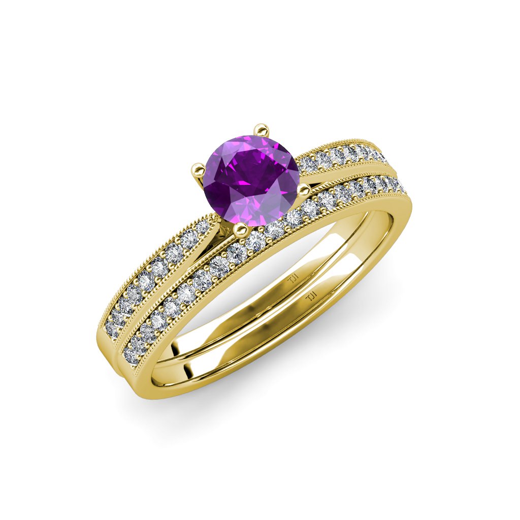 1.35ctw Amethyst & Diamond Milgrain Engagement Ring & Wedding Band Set in 14K Yellow Gold – Perfect for Proposals, Anniversaries & Bridal Jewelry