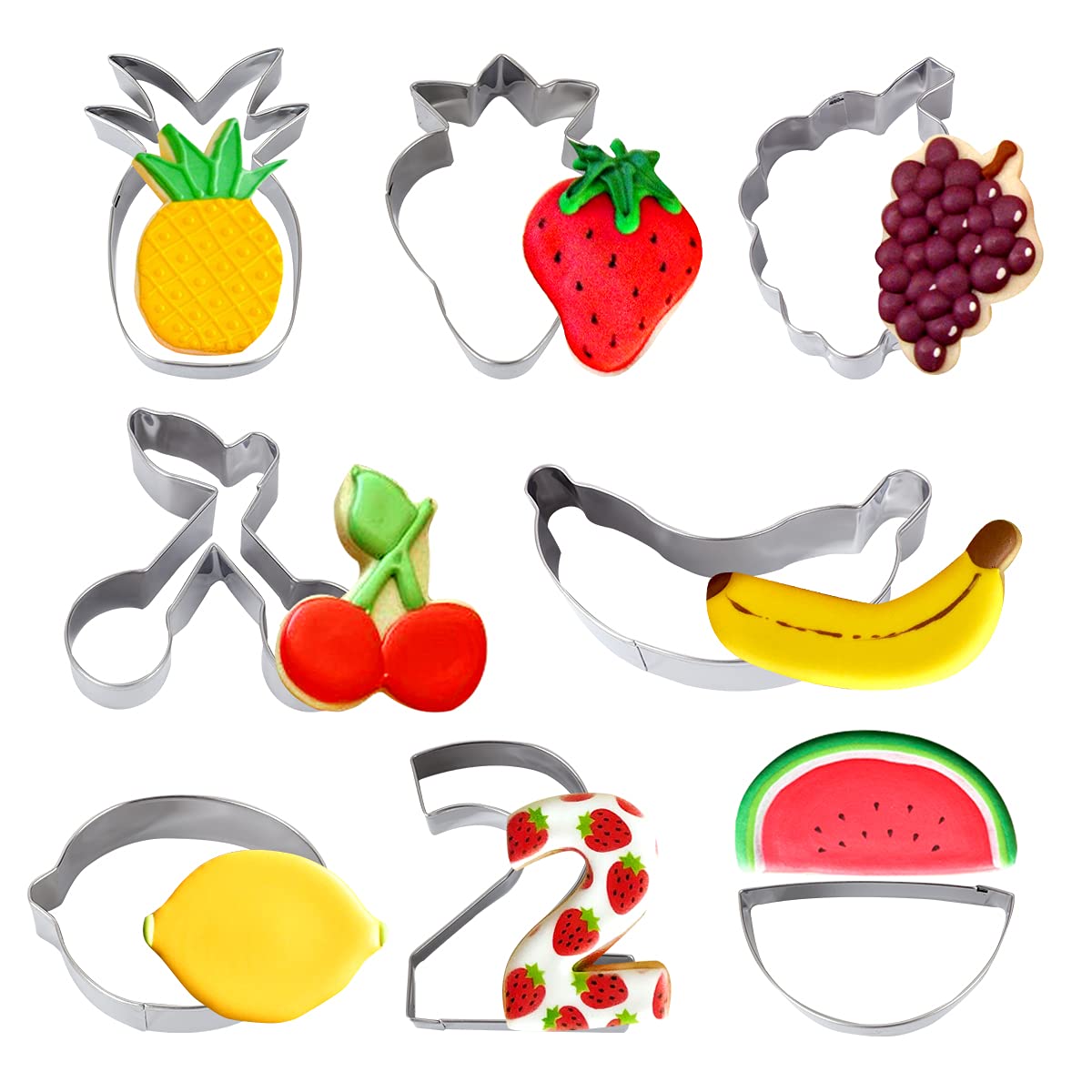 Stainless Steel Fruit Cookie Cutters 8-Piece Set - Lemon, Watermelon, Strawberry, Pineapple, Grape for Baking, Fondant, Dough | Perfect for Birthday Parties, Baby Showers & DIY Desserts