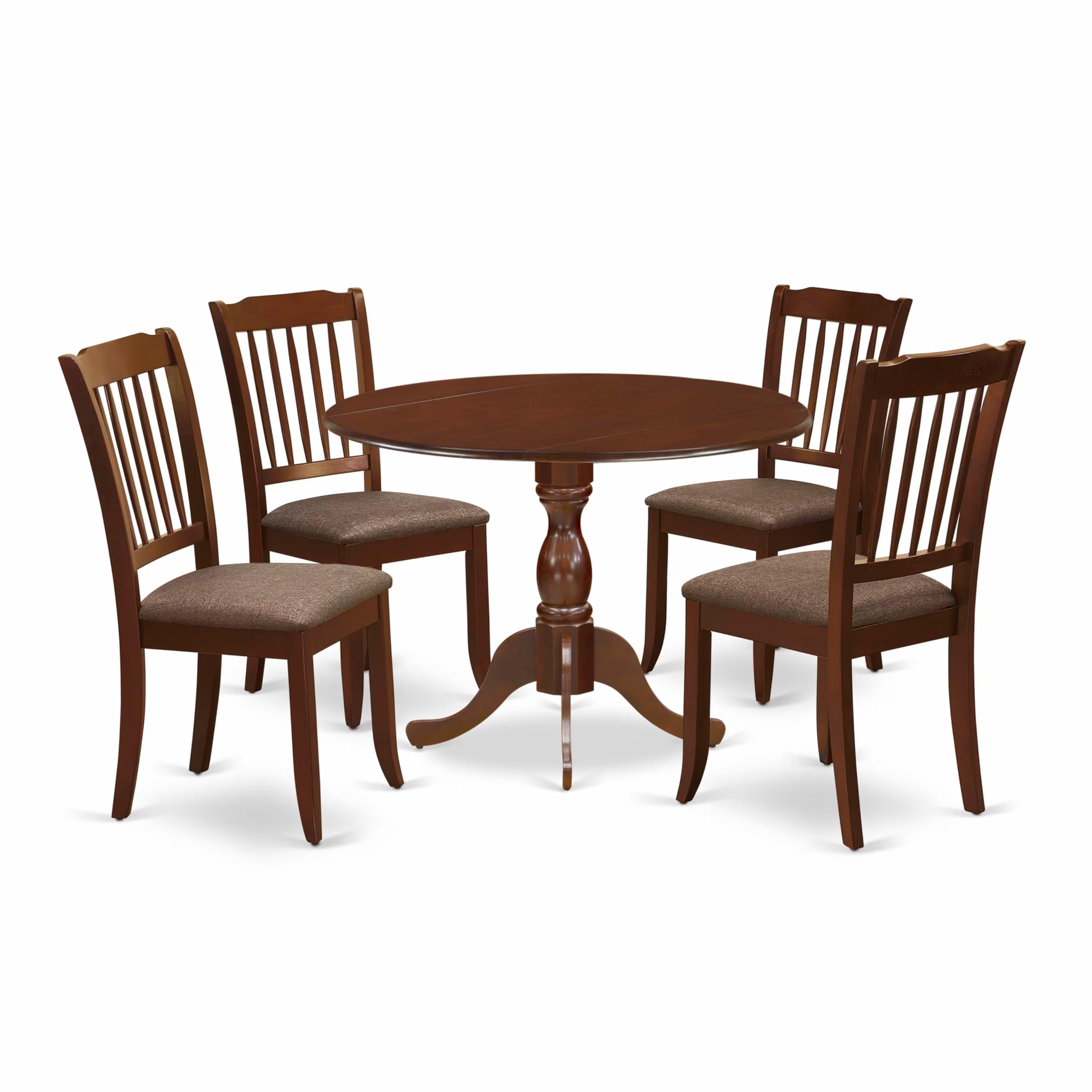 East West Furniture DMDA5-MAH-C 5-Piece Modern Mahogany Dining Set with Round Drop-Leaf Table & 4 Linen Upholstered Chairs, 42x42 Inch - Perfect for Small Spaces, Kitchen Nooks & Cozy Family Meals