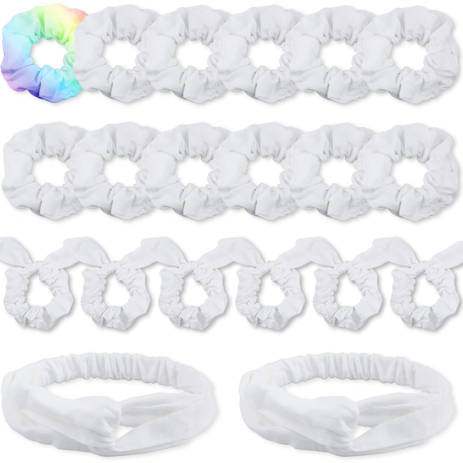 VENUSTE White Scrunchies for Tie Dye DIY - 20 Pack Cotton Hair Bows & Headbands for Women & Girls - Perfect for Party, Wedding, and Daily Hair Accessories