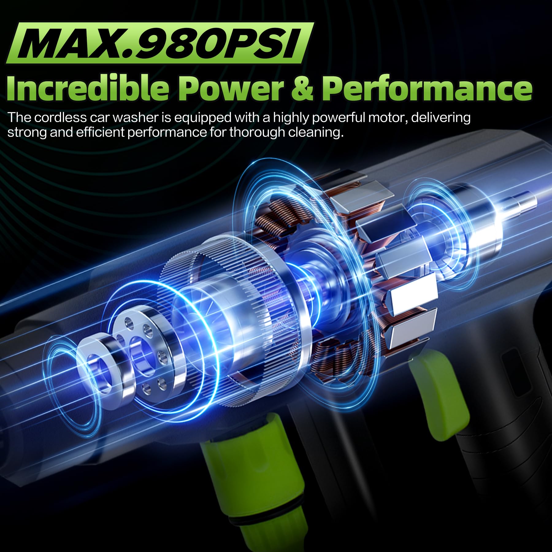 Cordless Pressure Washer 980PSI - Portable Electric Power Washer with 6-in-1 Nozzle & 18000mAh Battery - High Pressure Washer Gun for Cars, Patios, Driveways, Decks & Outdoor Cleaning