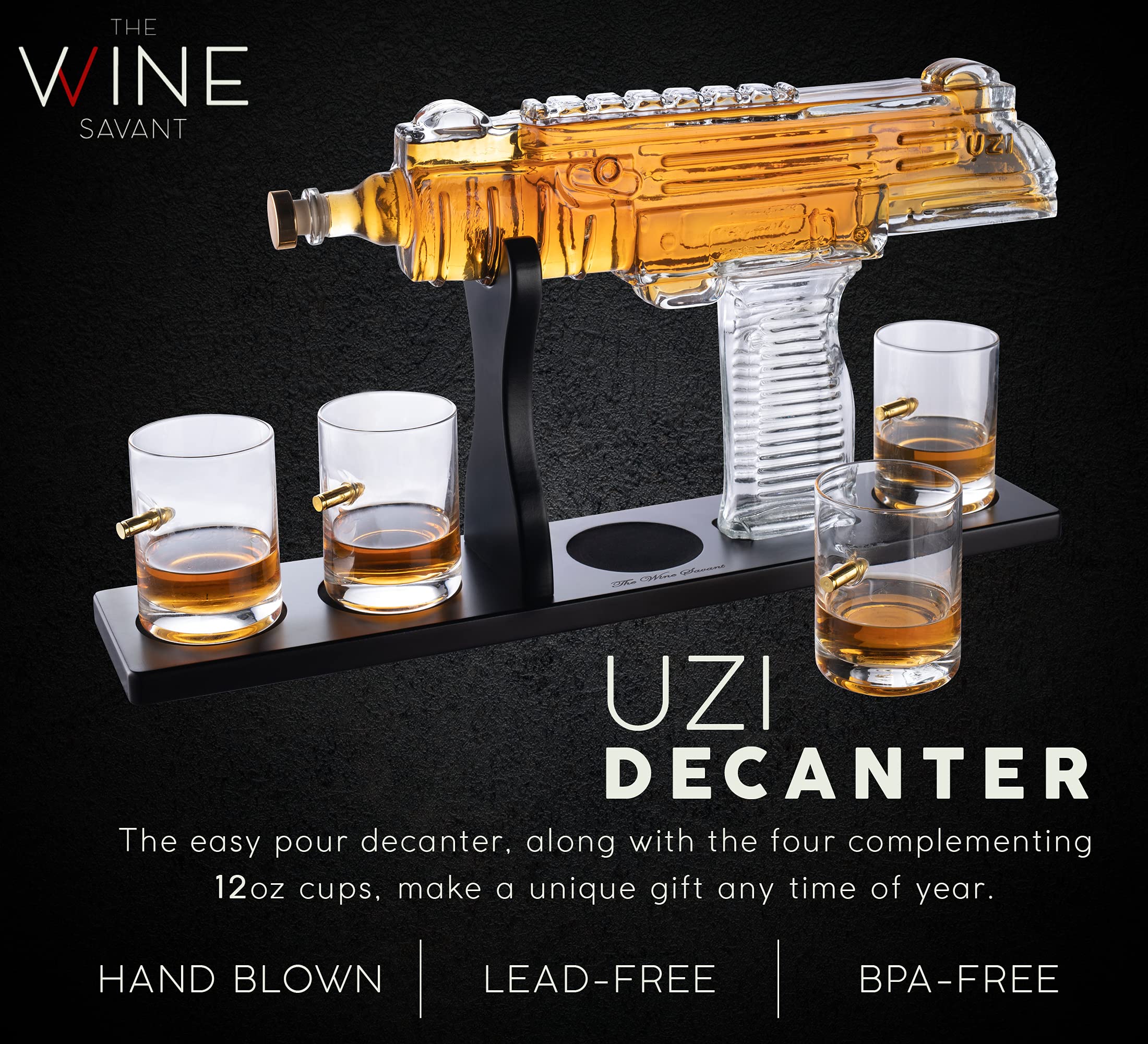 Uzi Submachine Gun Whiskey Decanter Set with 4 Glasses - Unique Gun-Themed Liquor Decanter & Glass Gift Set for Men - Perfect for Bourbon, Scotch & Whiskey Lovers - Great Shooting & Firearm Enthusiast Gift for Dad, Husband - Ideal for Birthday, Anniversary, Man Cave & Bar Decor
