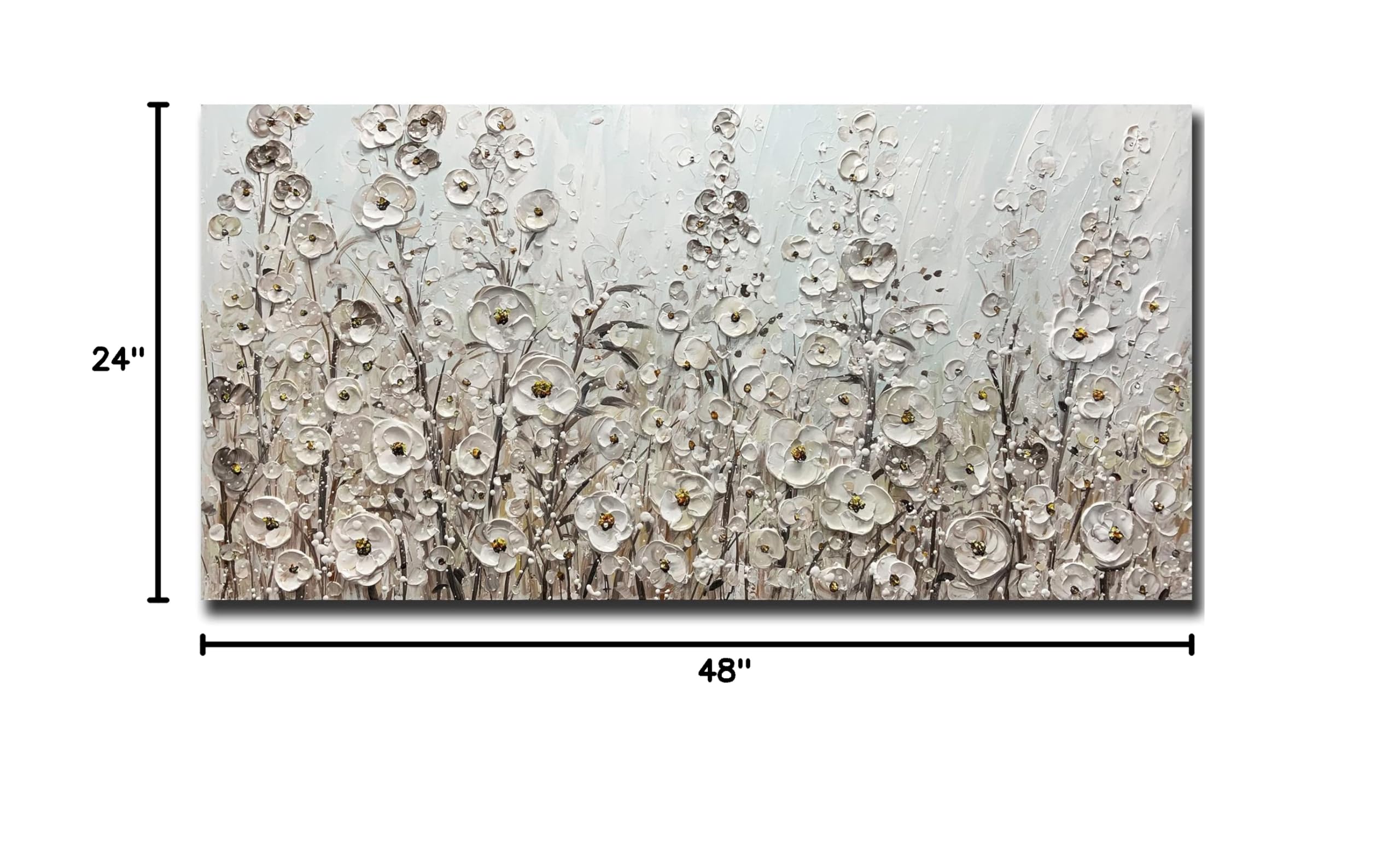 Yotree 24x48 Inch Hand-Painted White Flowers Oil Painting on Canvas - Framed Modern Floral Wall Art for Living Room & Bedroom Decor - Ready to Hang Gallery Wrapped Artwork - Perfect for Home, Office & Wedding Gift