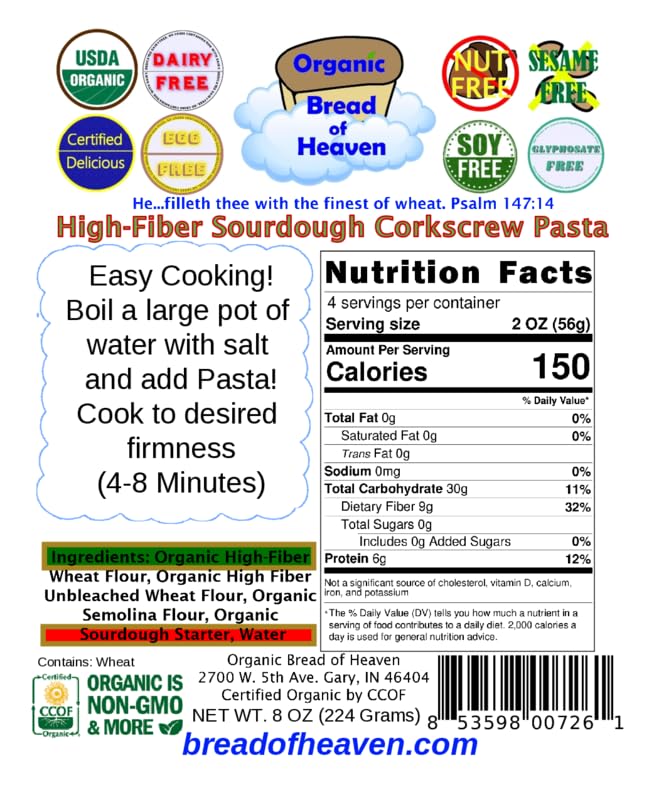 Organic Sourdough Corkscrew Pasta - High Fiber, USDA Certified, 2 Pack | Perfect for Healthy Meals, Vegan Diets & Italian Cuisine