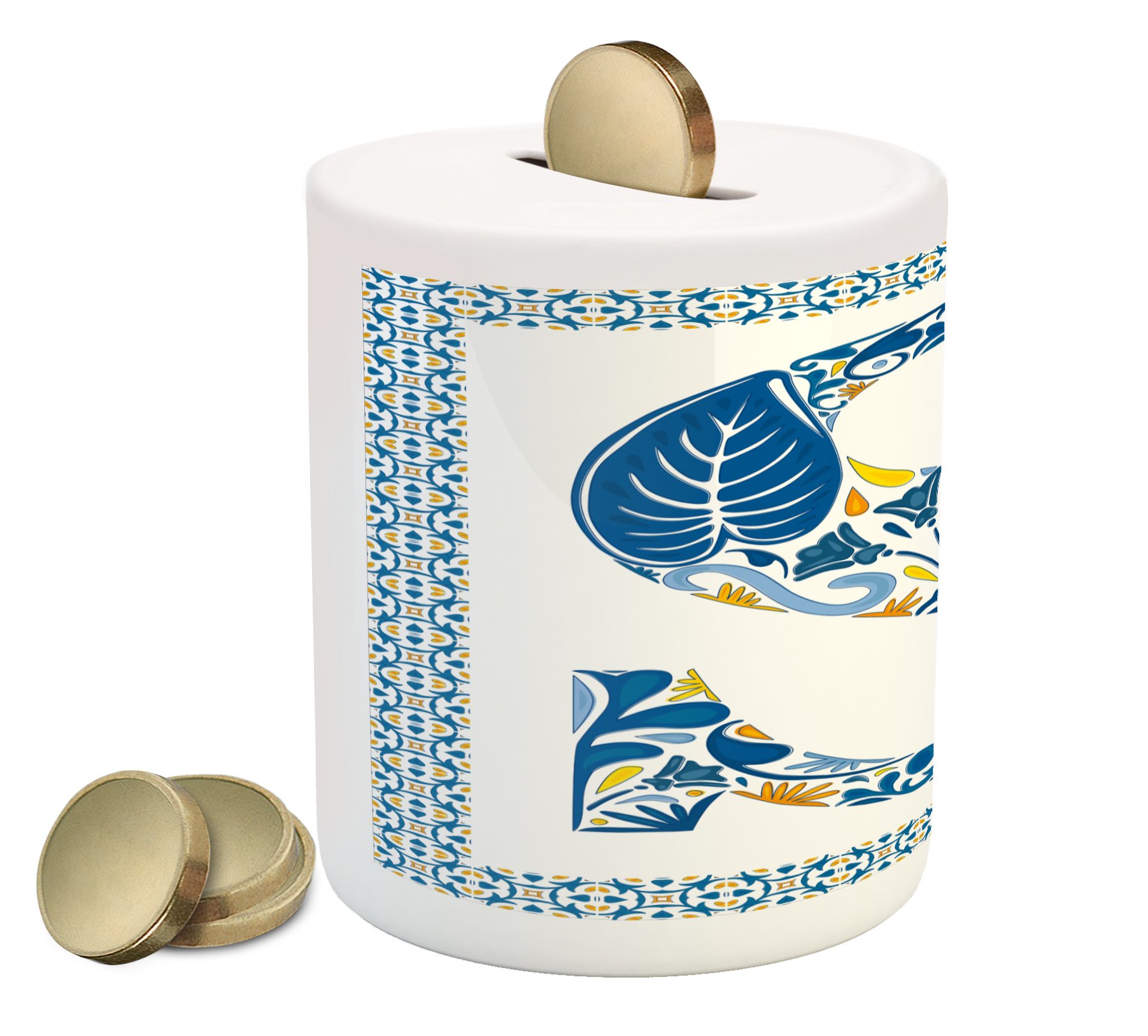 Ambesonne Ceramic Piggy Bank with Letter S Design - Old Fashioned Alphabet Typography in Blue, Yellow & Orange - Money Saving Coin Bank for Kids & Adults - Perfect for Birthday Gifts, Home Decor & Cash Savings