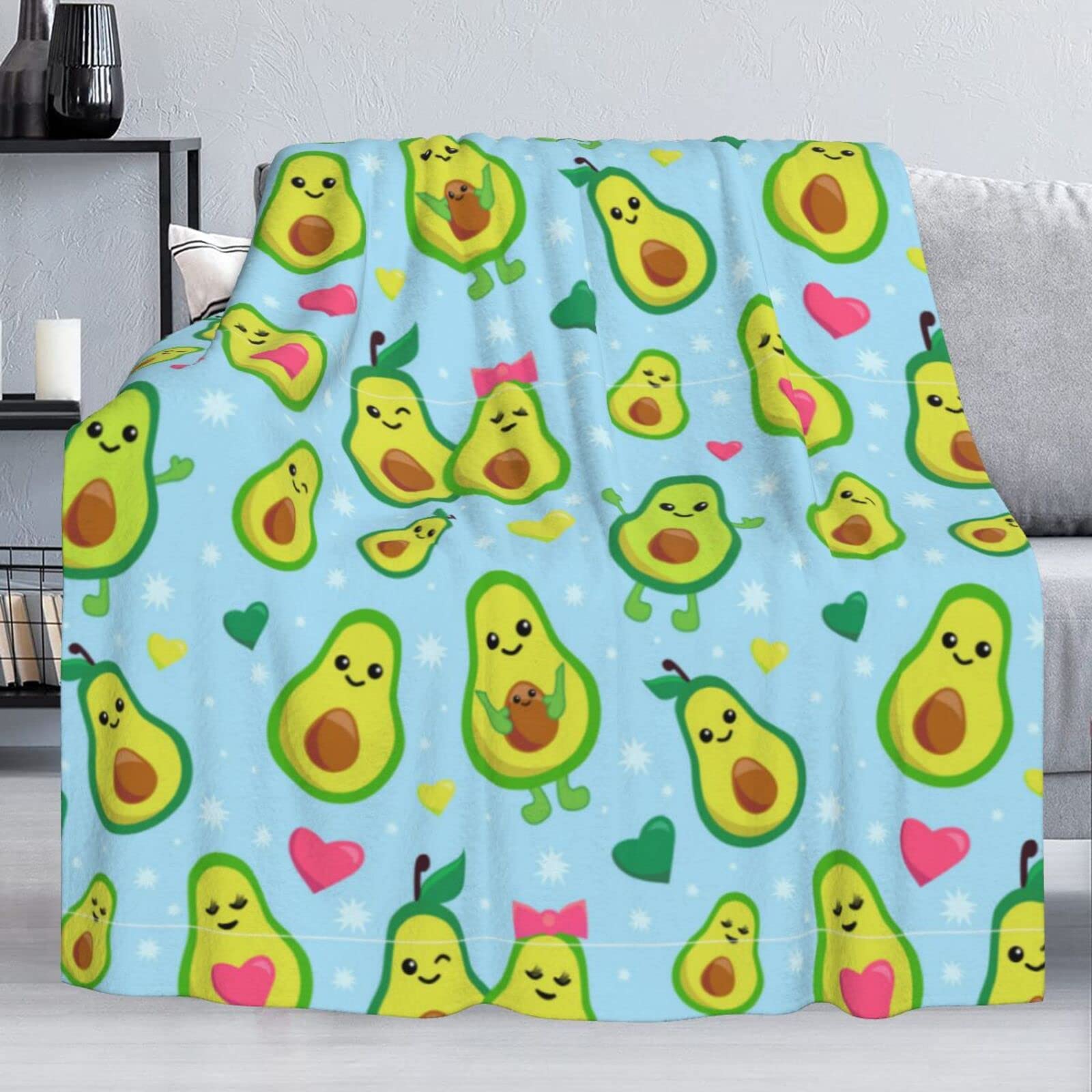 **Delerain Soft Flannel Blanket - Cartoon Avocado & Heart Design, Lightweight & Cozy, 60
