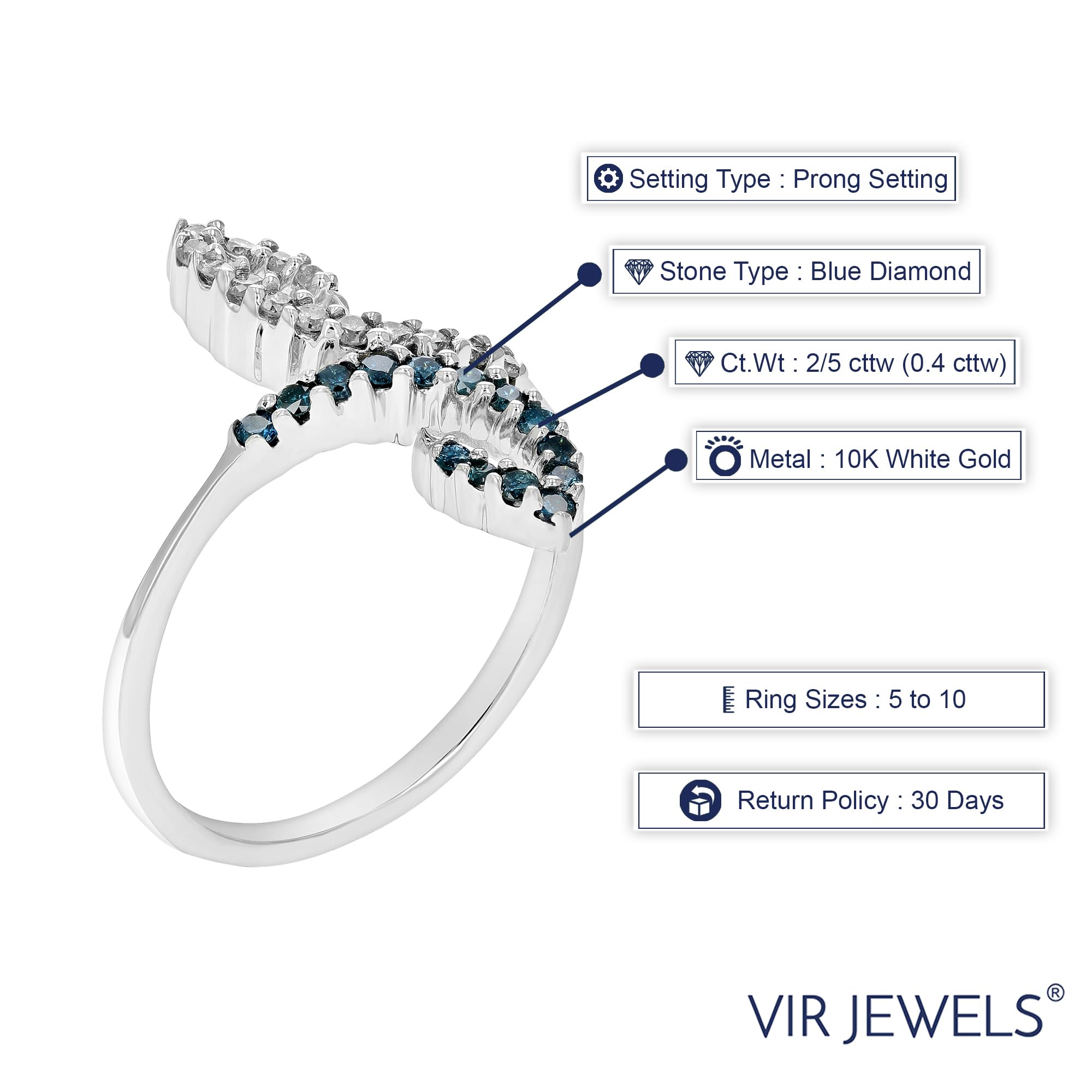 2/5 CTTW Blue Diamond Ring - 10K White Gold Round Cut Size 7 - Perfect for Engagement, Wedding, Anniversary & Special Occasions
