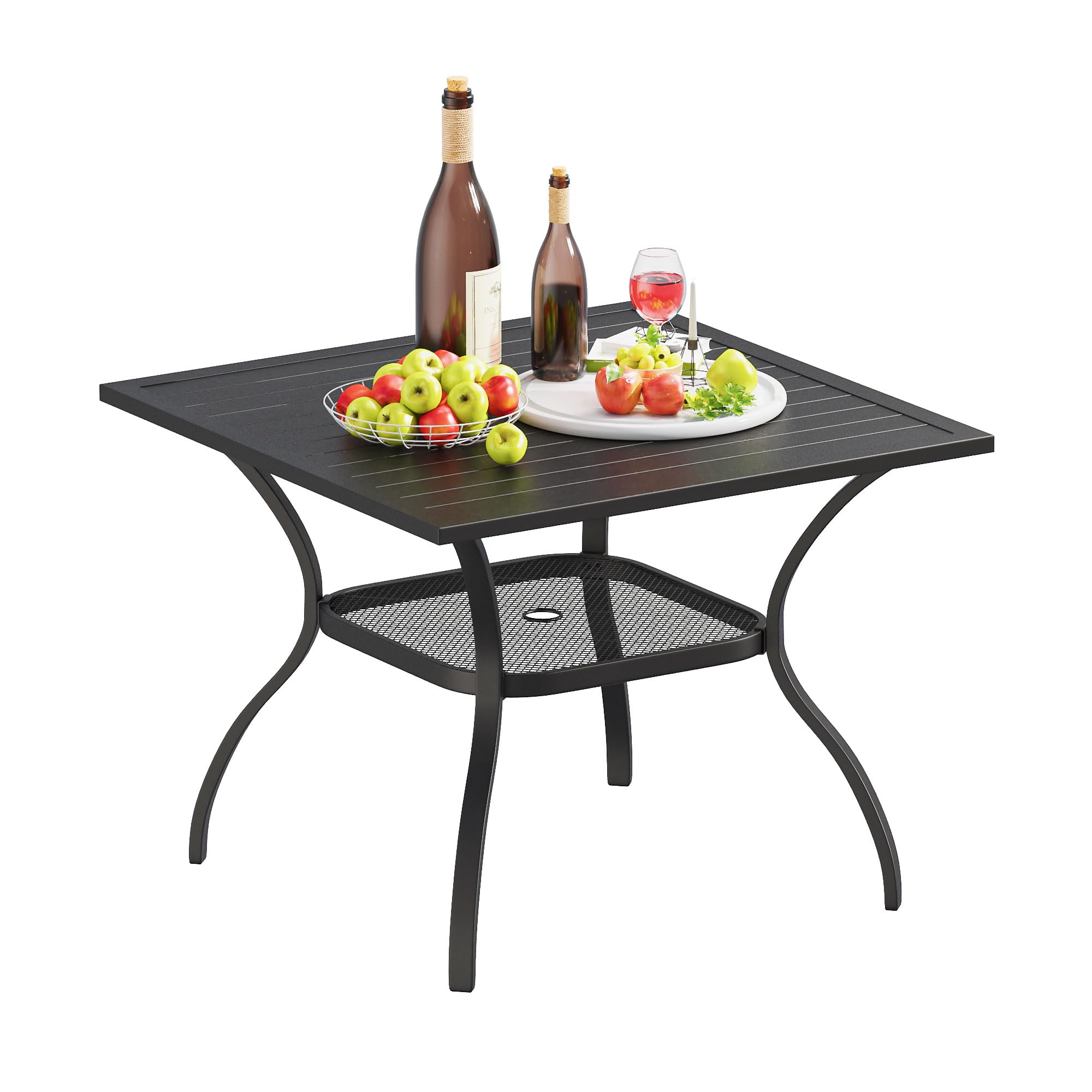 VICLLAX 4-Person Square Outdoor Patio Dining Table with Metal Slatted Tabletop, Storage Shelf & Umbrella Hole - Perfect for Backyard, Lawn, Deck & Garden Gatherings (Black)