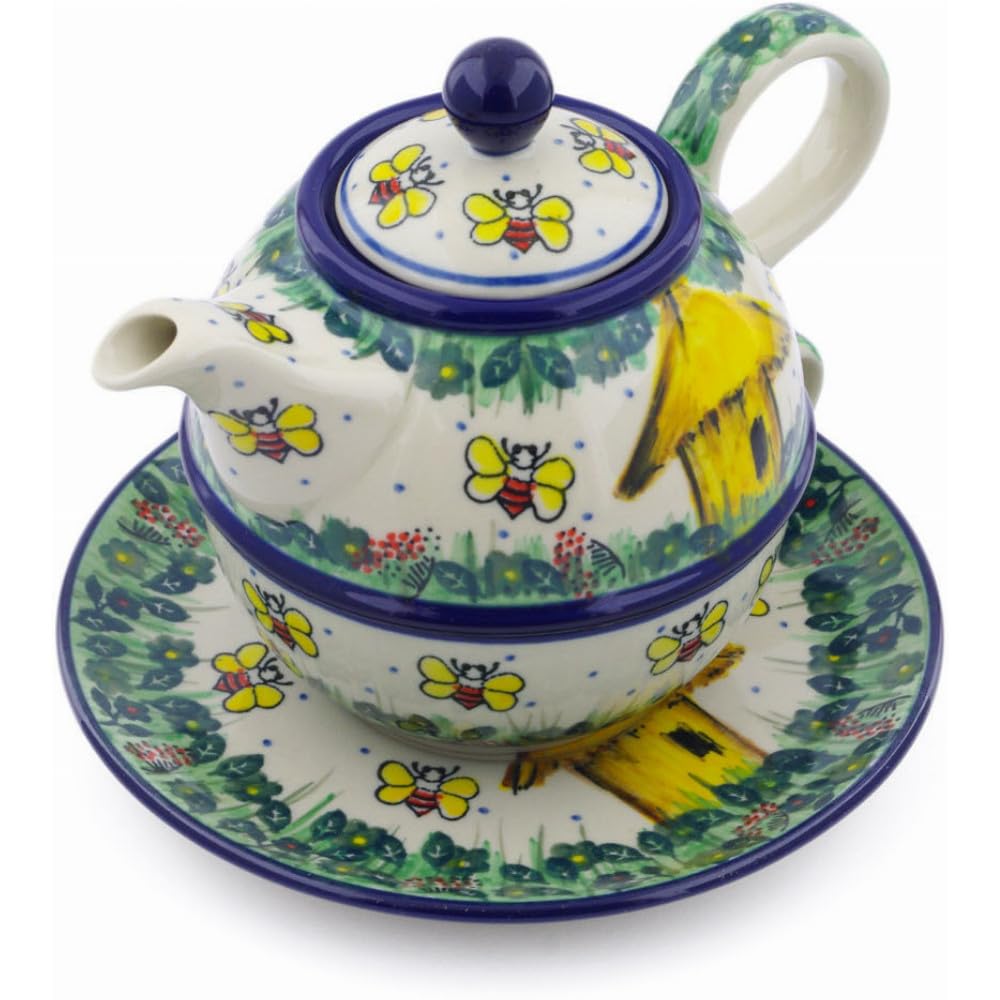 Authentic Polish Pottery Tea Set - Handmade in Bolesławiec, Poland | Signature UNIKAT Bee Happy Design | Includes Certificate of Authenticity | Perfect for Afternoon Tea, Gifts & Home Decor