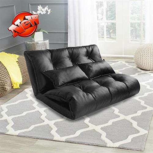 DOONHEXS Upgraded Sturdy Floor Couch Lounge - 5-Position Adjustable Backrest, Thickened Japanese Style Futon Sofa Bed with 2 Pillows for Sitting & Sleeping (Black Leather) - Perfect for Small Spaces, Living Rooms, Dorms, and Meditation Areas