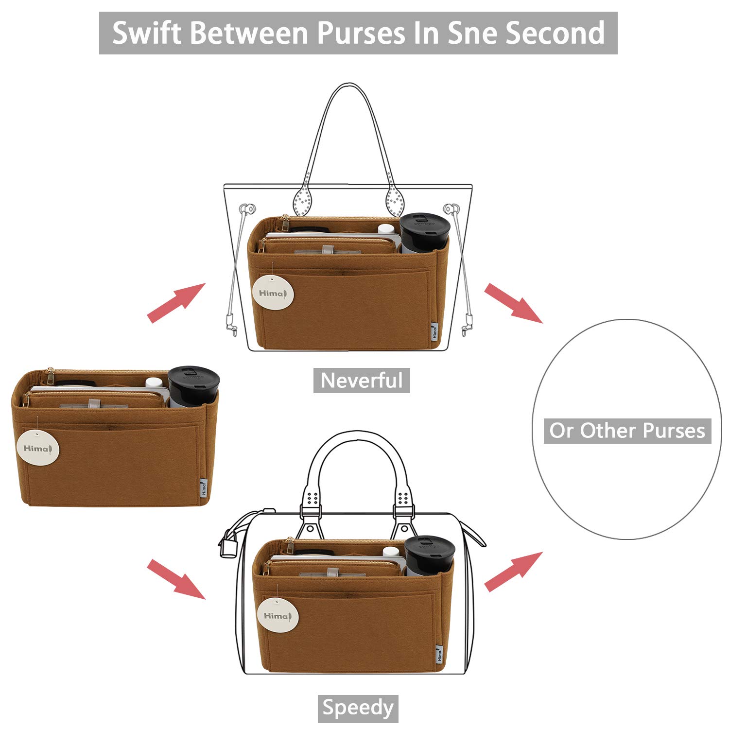 Purse Organizer Insert for Handbags | Bag in Bag Organizer for Speedy Neverfull & More | 5 Sizes (X-Large, Lighting Coffee) | Perfect for Travel, Work & Daily Use