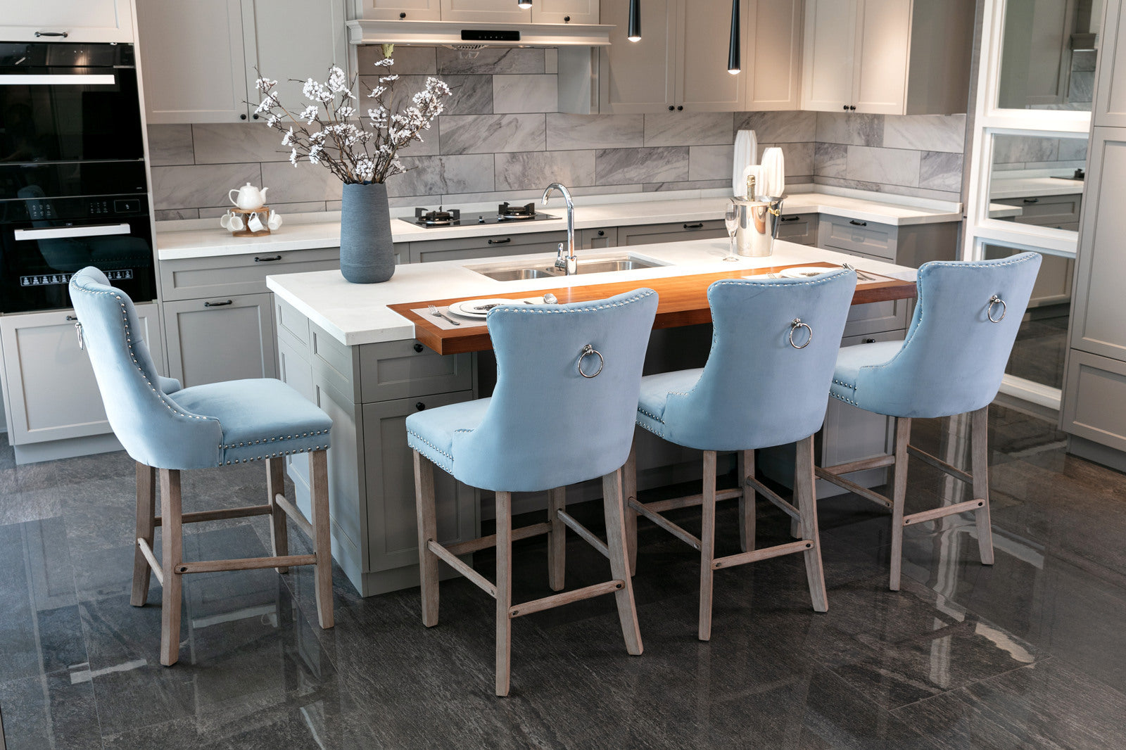 Modern Velvet Bar Stools with Button Tufted Back & Wooden Legs - Set of 2 Light Blue Bar Chairs with Chrome Nailhead Trim for Kitchen Island, Breakfast Bar & Home Decor (SW2002LB)