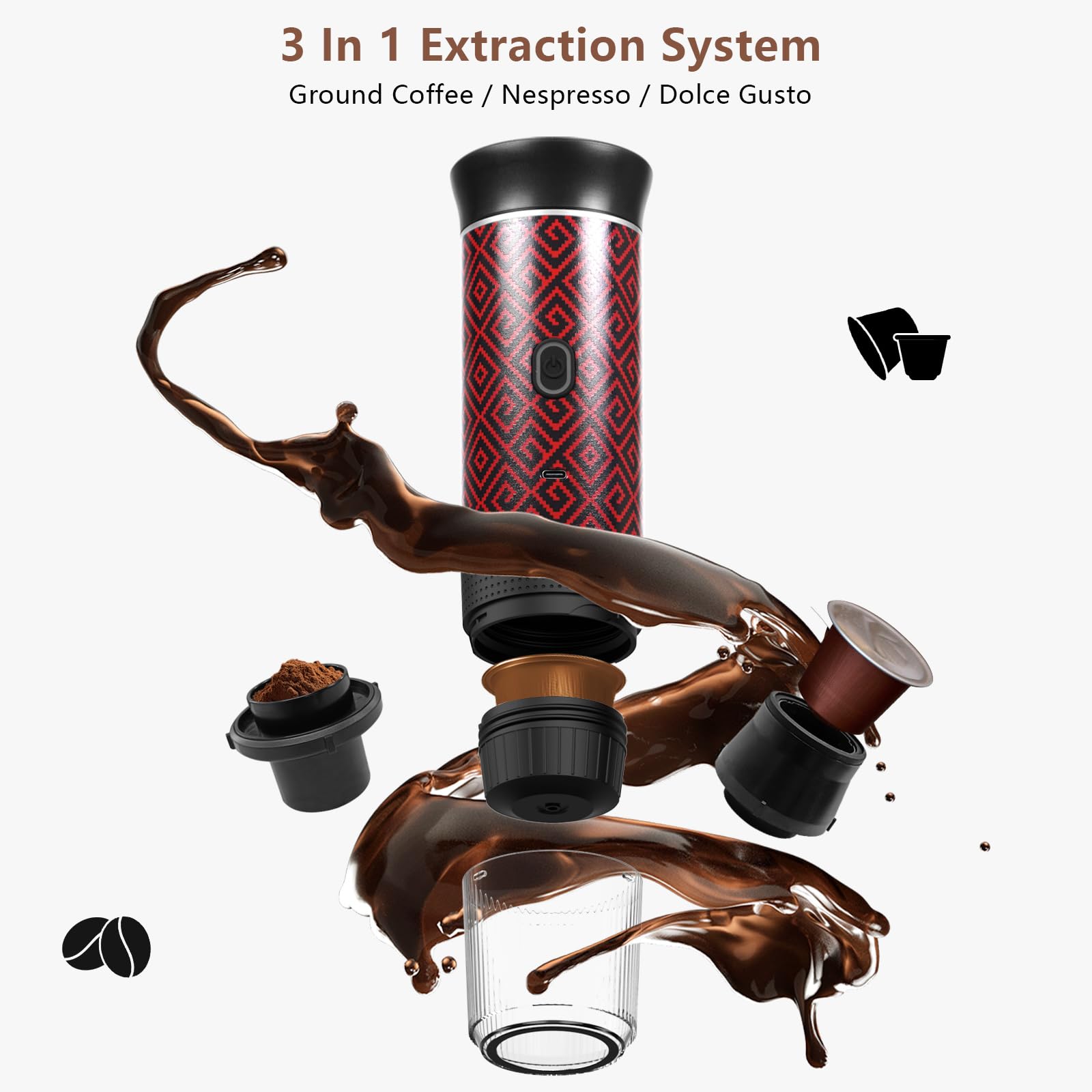 Portable Coffee Maker for Travel & Camping - Battery Powered Electric Espresso Machine with Self Heating, Works with Ground Coffee & Capsules - Perfect for RV, Hiking, Office & Outdoor Adventures (Red & Black)
