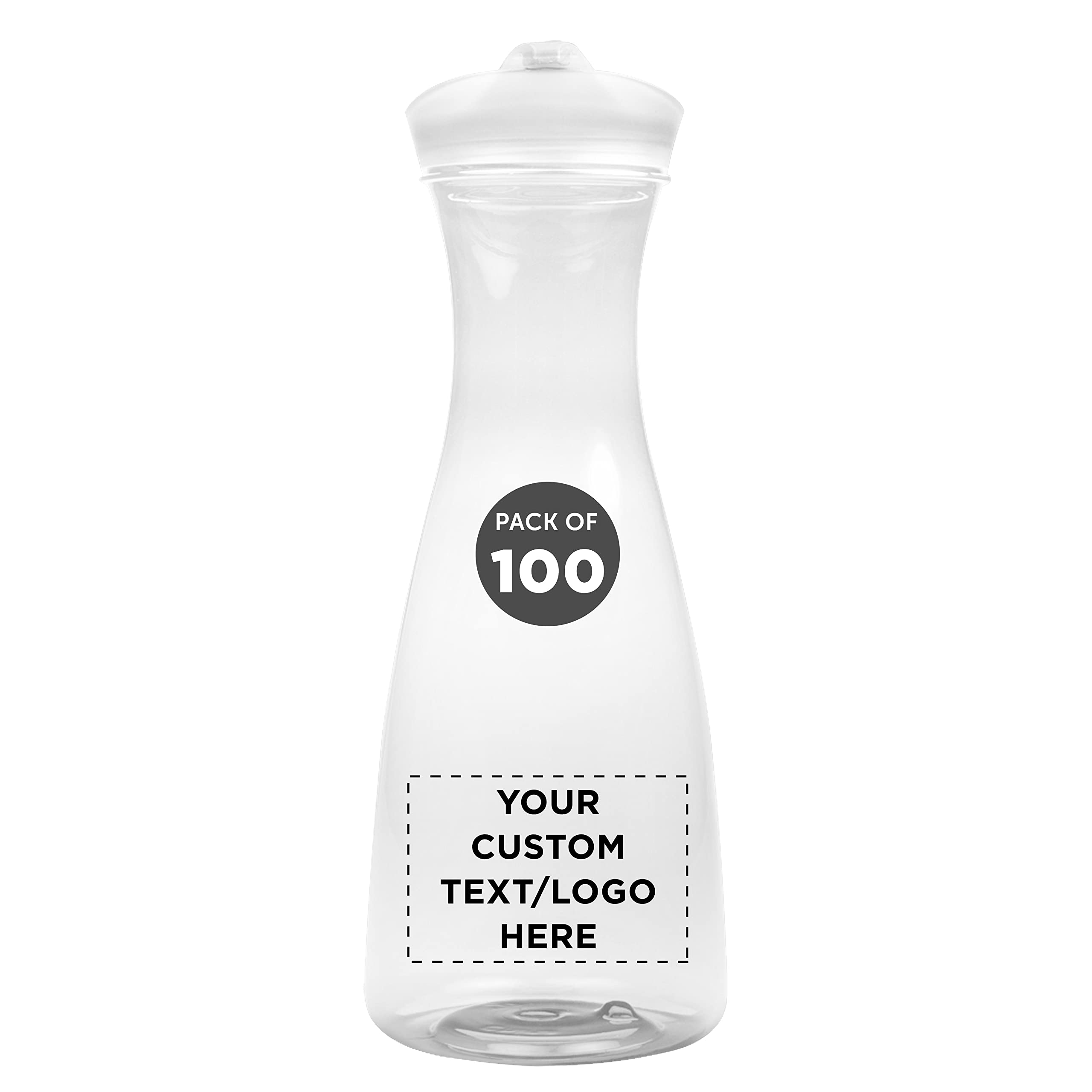 34 oz Clear Plastic Carafes with Lids - Set of 100 Bulk Pack - Customizable for Water, Juice, Smoothies & Milk - Perfect for Restaurants, Catering, Events & Party Beverage Service