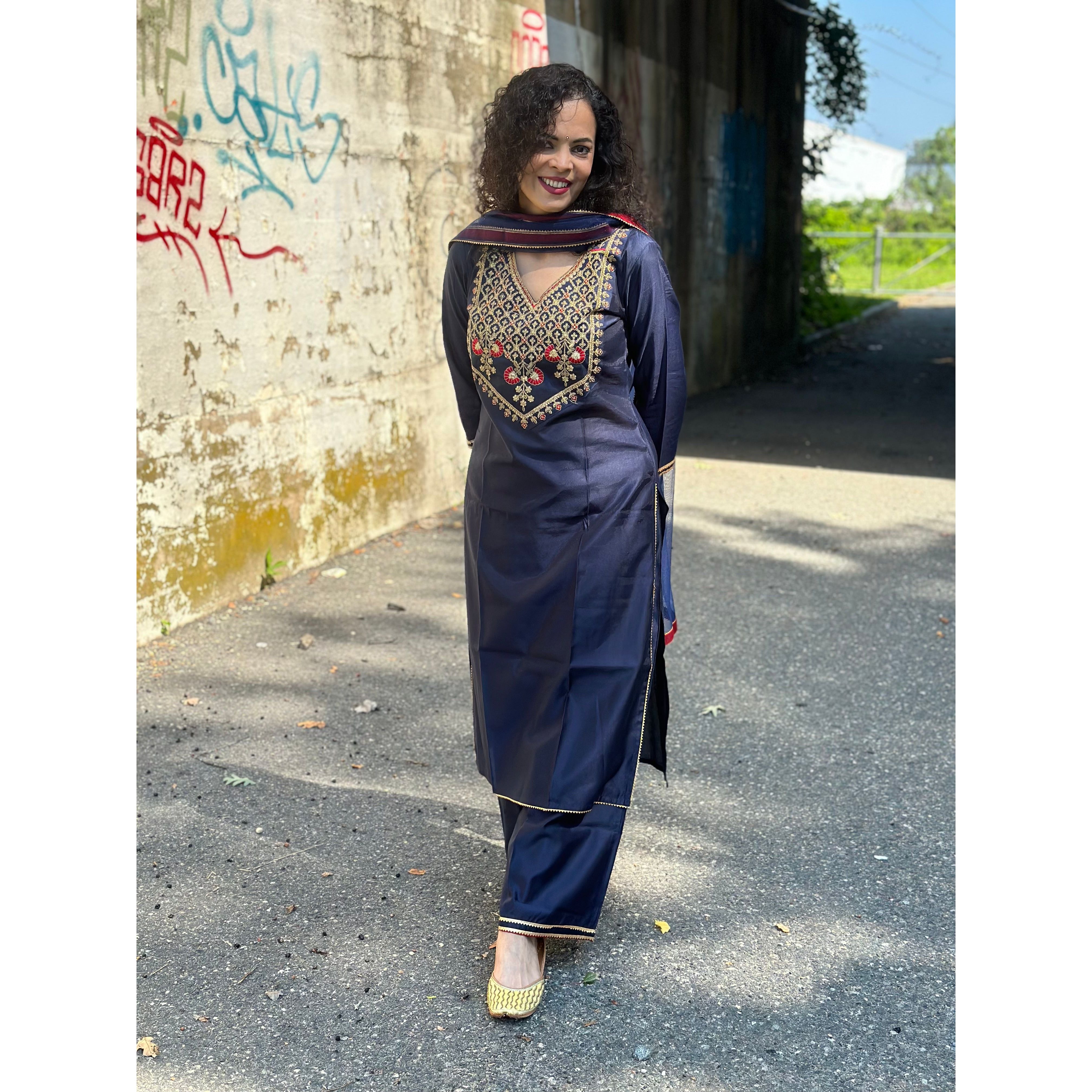 Elegant Navy Blue Embroidered Kurta Set with Yoke, Palazzos & Dupatta - Traditional Indian Outfit for Women - Perfect for Weddings, Festivals & Special Occasions