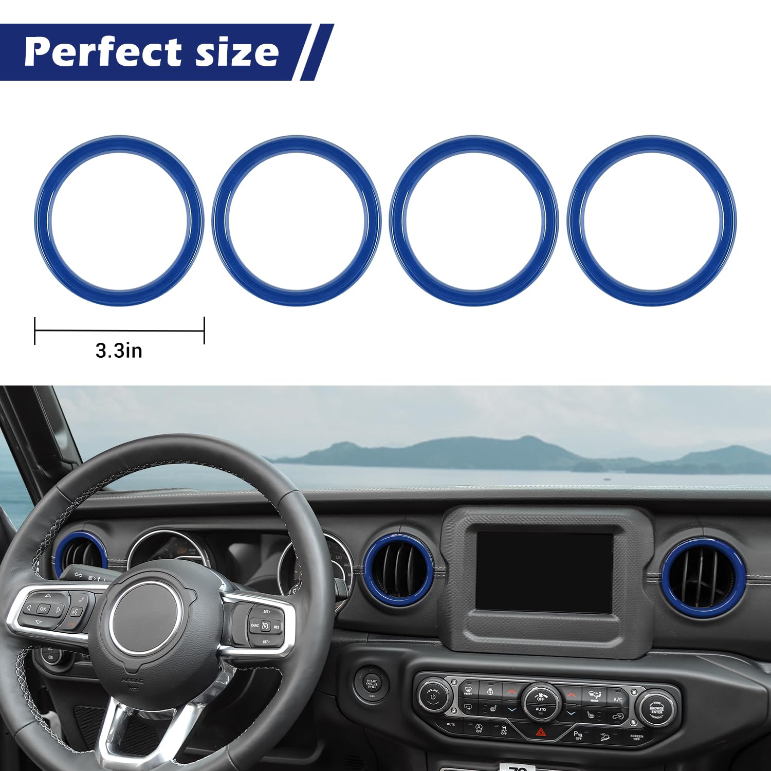 RT-TCZ Blue Dash Air Vent Cover Trim Stickers for Jeep Wrangler JL JLU & Gladiator JT (2018-2023) - Interior Accessories Set of 4 - Enhance Your Ride's Style & Protection
