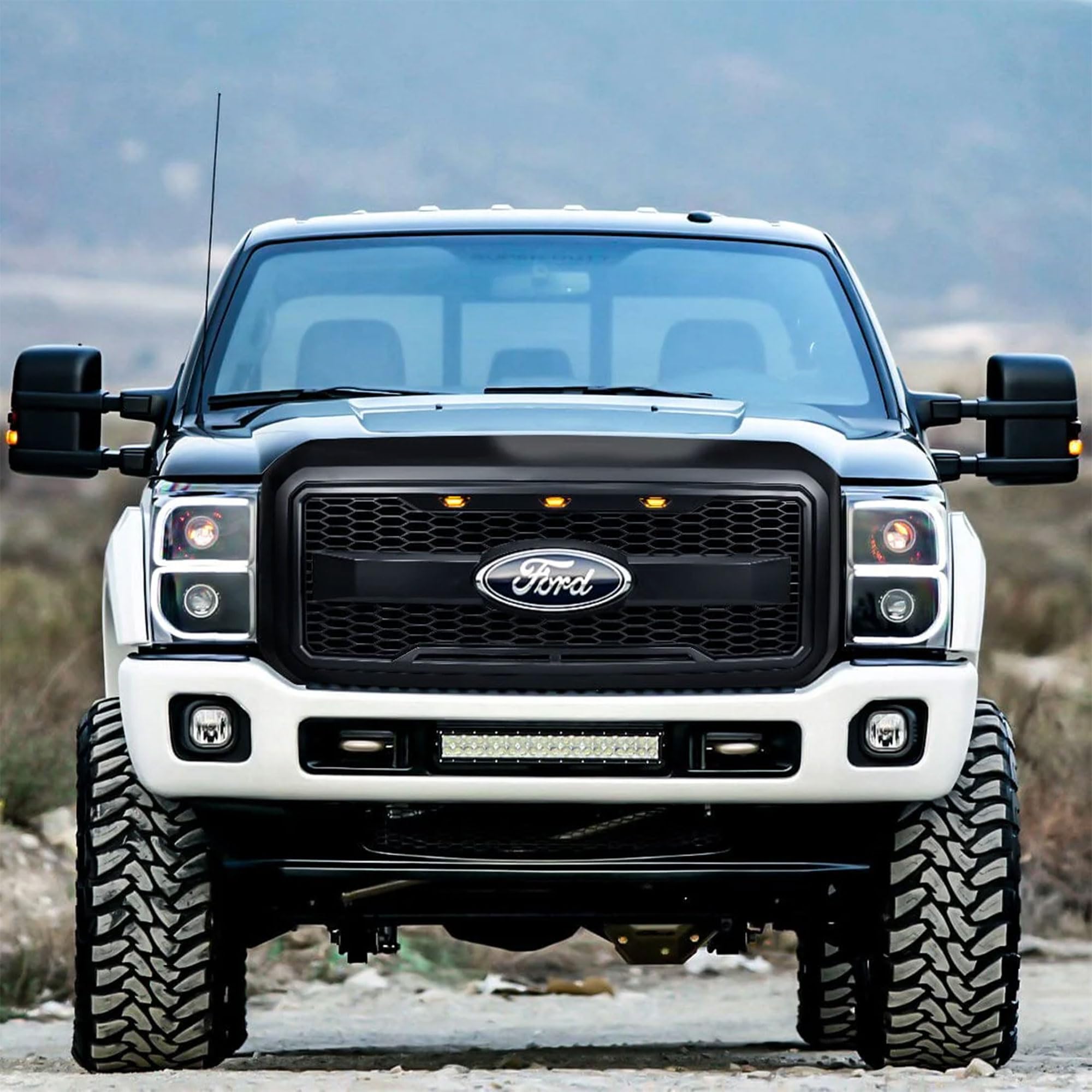 2011-2016 Ford F250 F350 F450 F550 Matte Black Raptor Style Grille with Amber LED Lights | Heavy Duty Truck Front Grille Replacement | Off-Road & Street Legal Upgrade