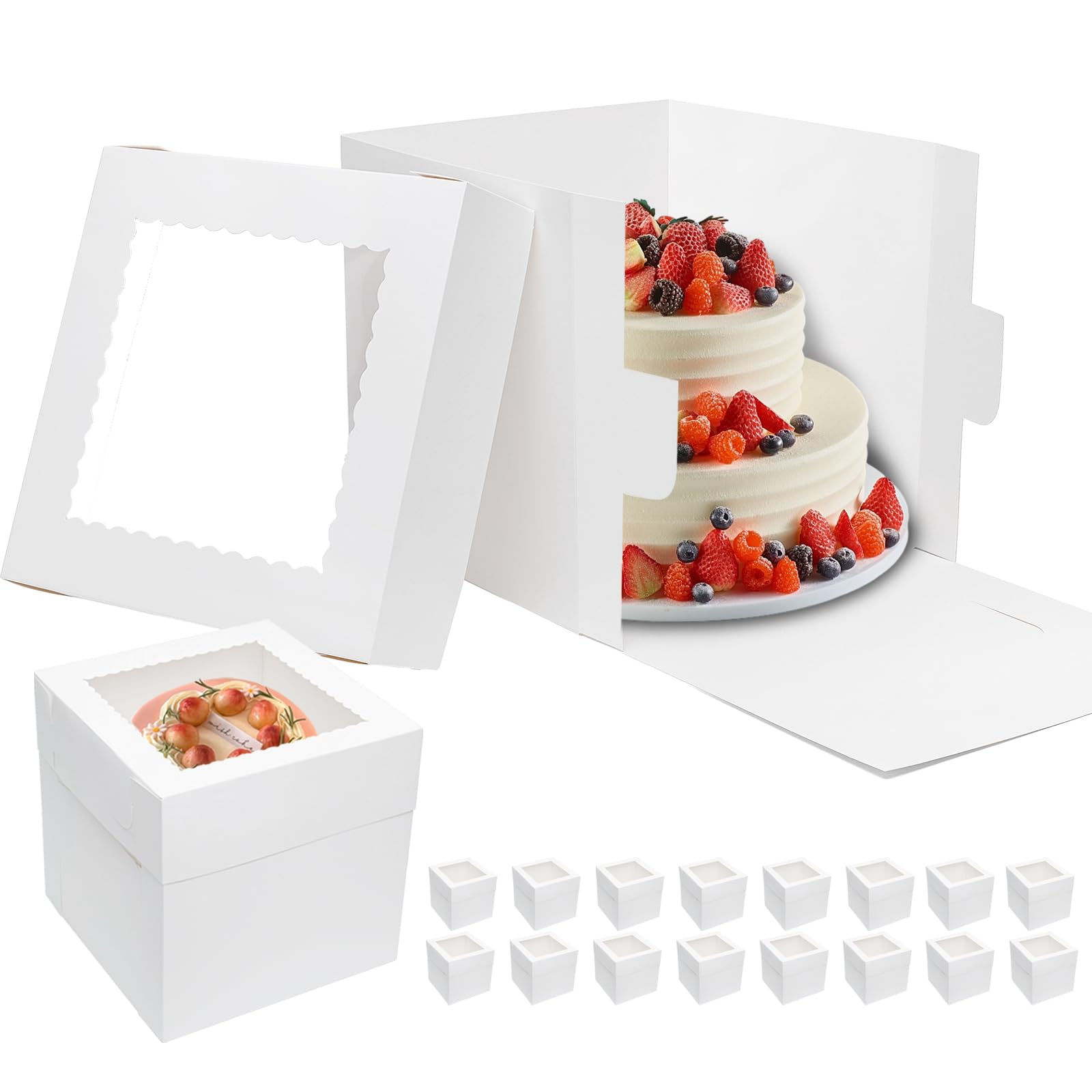 McFleet 16-Piece 10x10x10 Inch White Tall Cake Boxes with Window - Large Cardboard Bakery Takeout Containers with Lids for Tier Cakes, Wedding, Birthday & Party | Perfect for Professional Bakeries, Dessert Shops & Event Catering