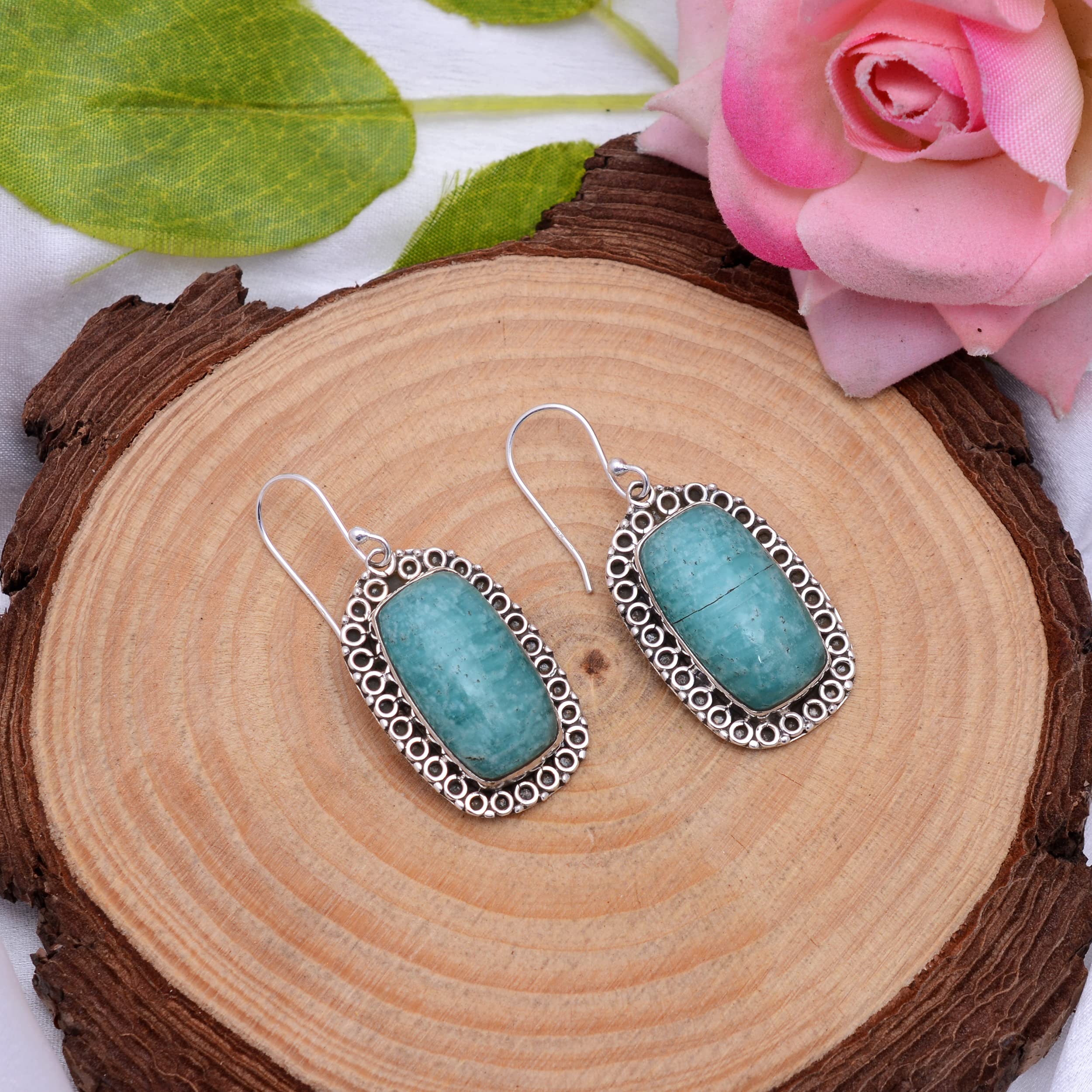 Veracity Jewelry Amazonite Earrings for Women - 925 Sterling Silver Dangle Earrings with Natural Blue-Green Amazonite Gemstone | Handmade Birthstone Jewelry Gift for Her | Perfect for Weddings, Parties & Everyday Wear
